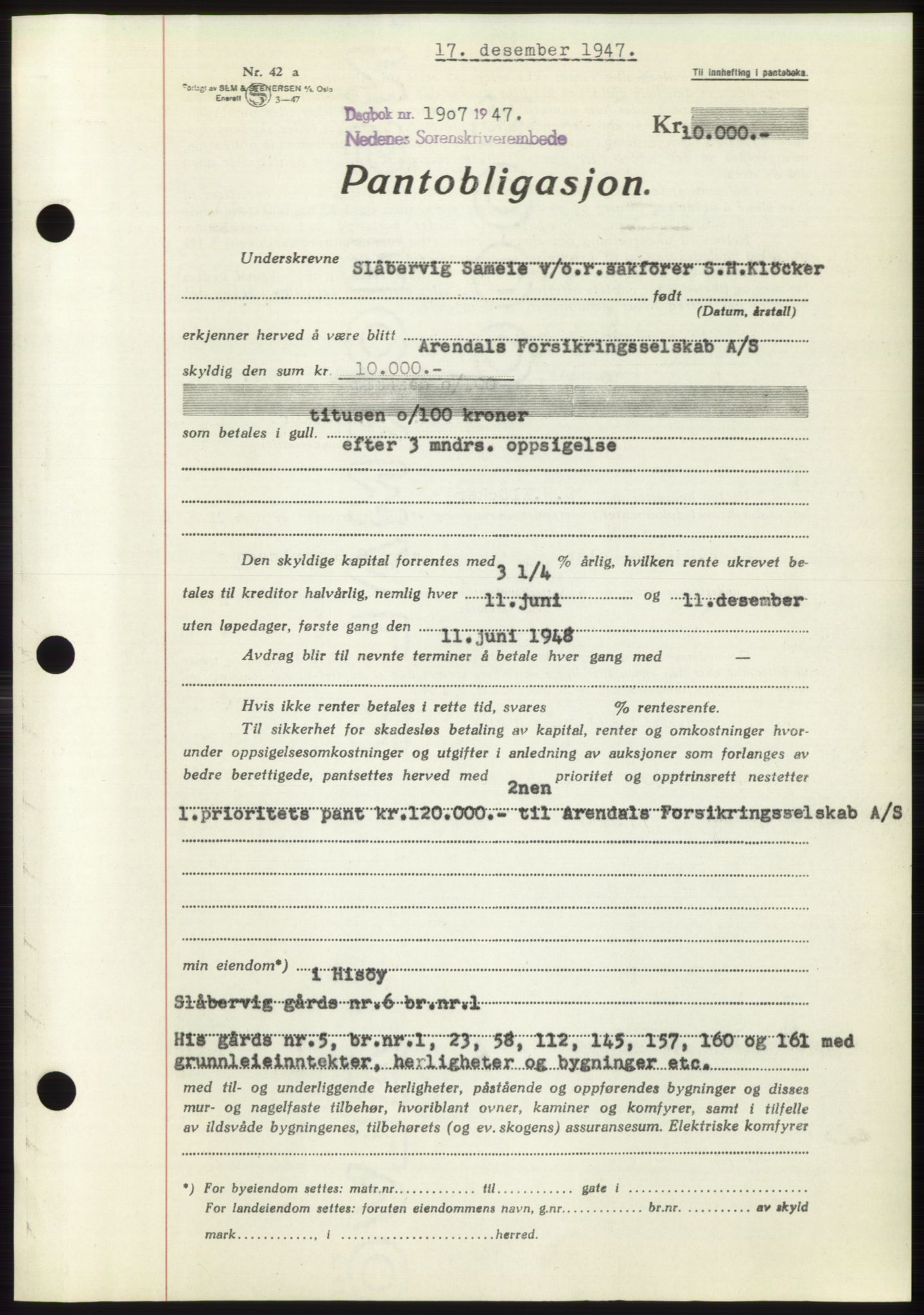 Nedenes sorenskriveri, AV/SAK-1221-0006/G/Gb/Gbb/L0004: Mortgage book no. B4, 1947-1947, Diary no: : 1907/1947