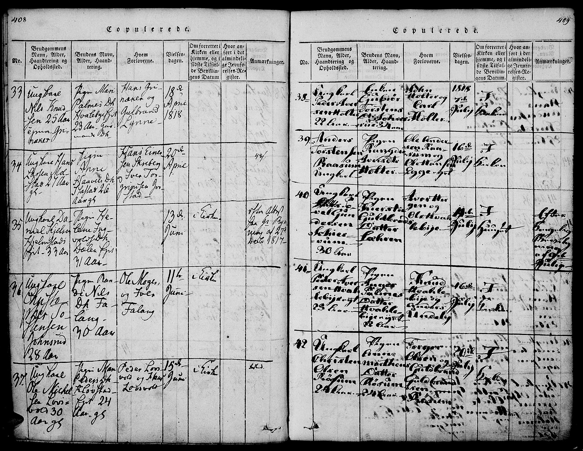 Gran prestekontor, AV/SAH-PREST-112/H/Ha/Haa/L0009: Parish register (official) no. 9, 1815-1824, p. 408-409