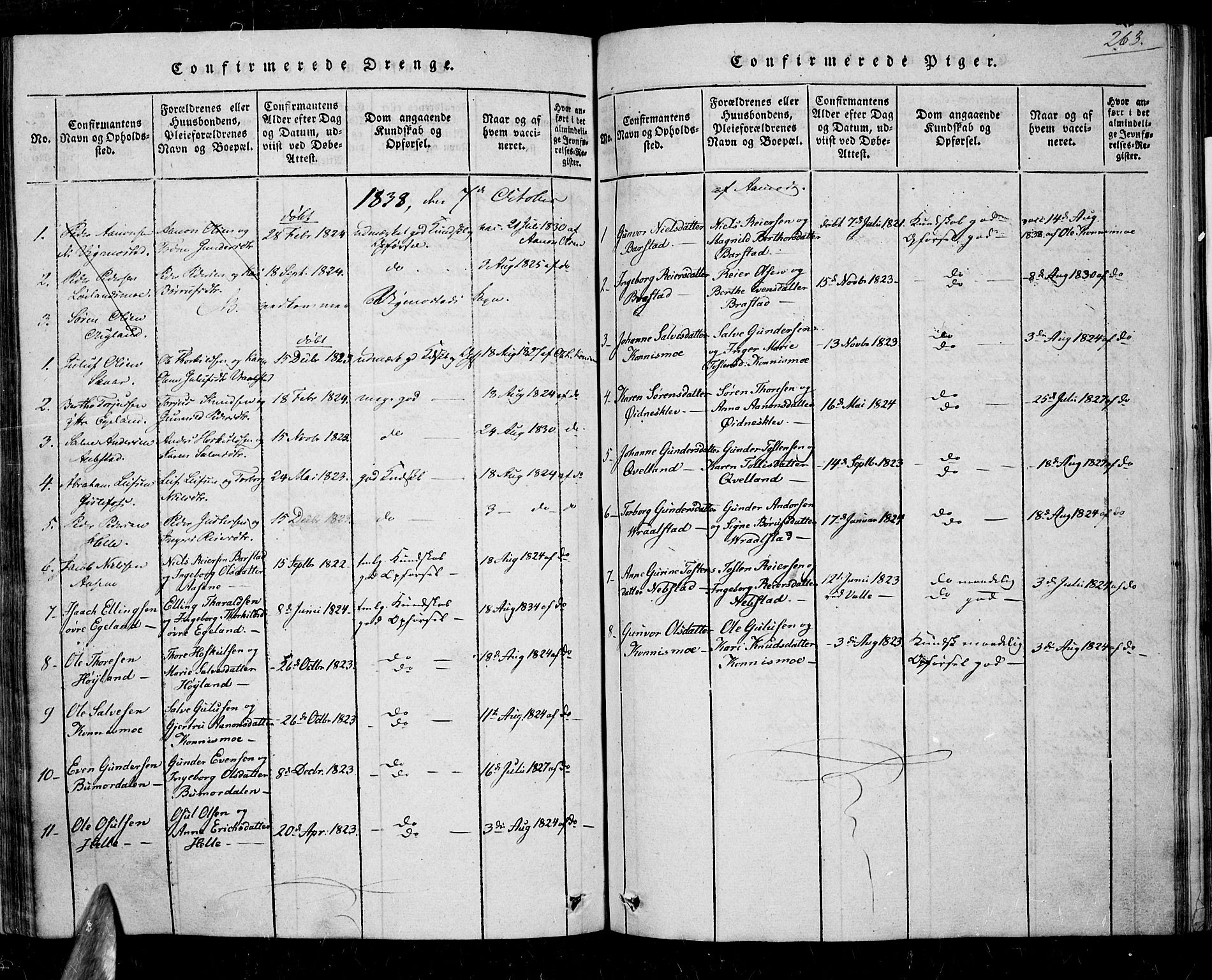 Nord-Audnedal sokneprestkontor, AV/SAK-1111-0032/F/Fa/Faa/L0001: Parish register (official) no. A 1, 1815-1856, p. 263