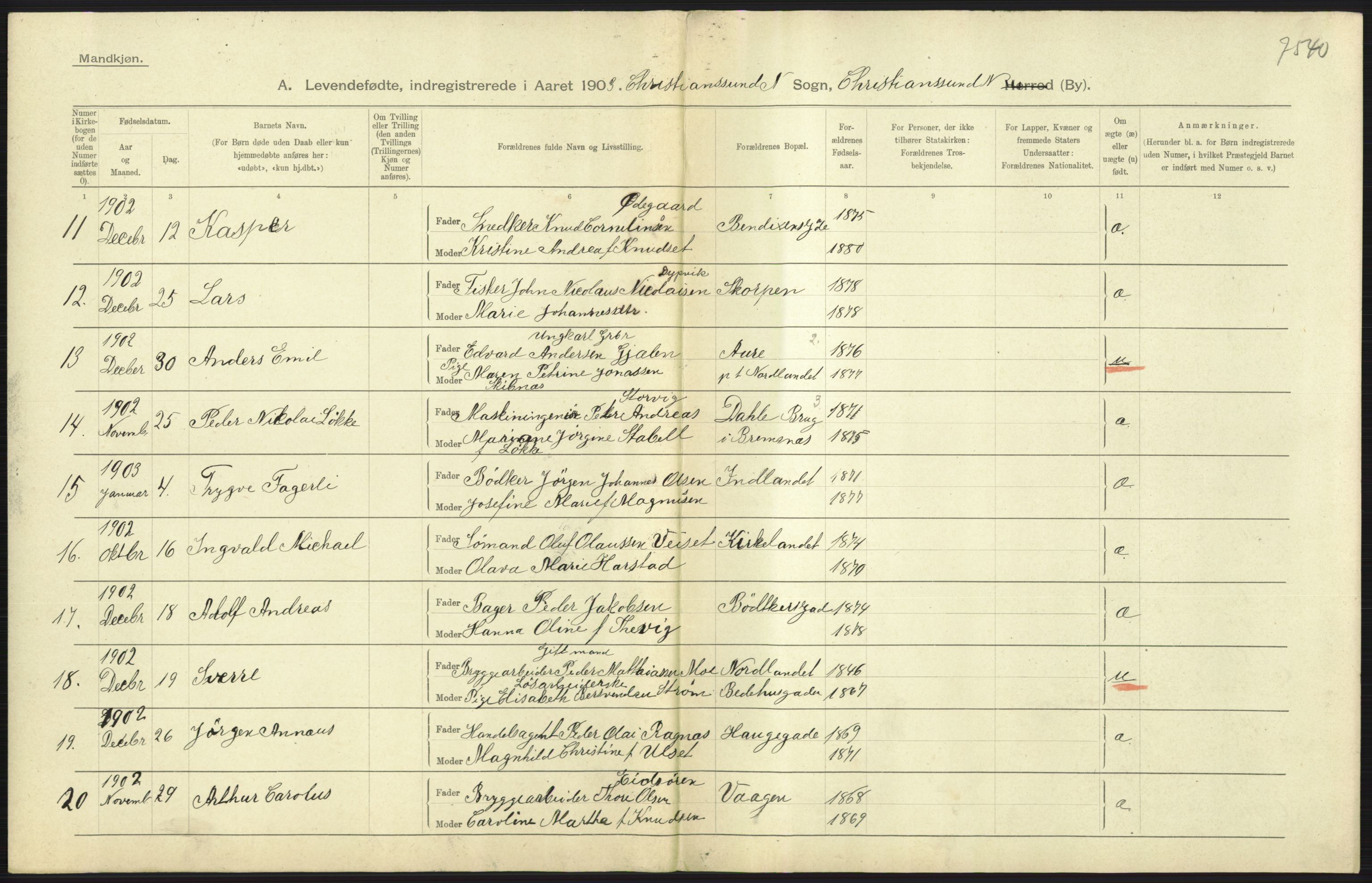 Statistisk sentralbyrå, Sosiodemografiske emner, Befolkning, AV/RA-S-2228/D/Df/Dfa/Dfaa/L0016: Romsdal amt: Fødte, gifte, døde., 1903, p. 423