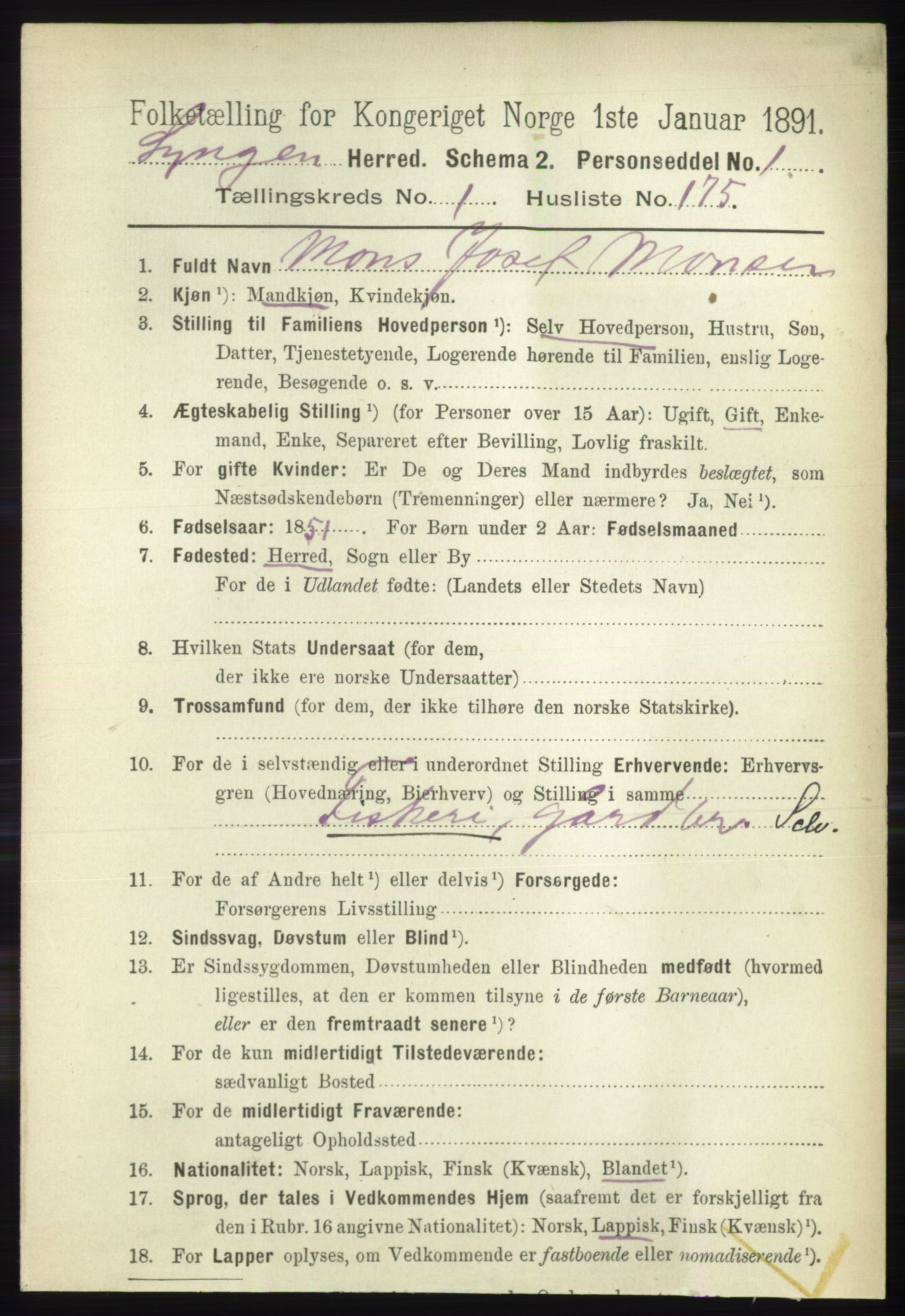 RA, 1891 census for 1938 Lyngen, 1891, p. 1431