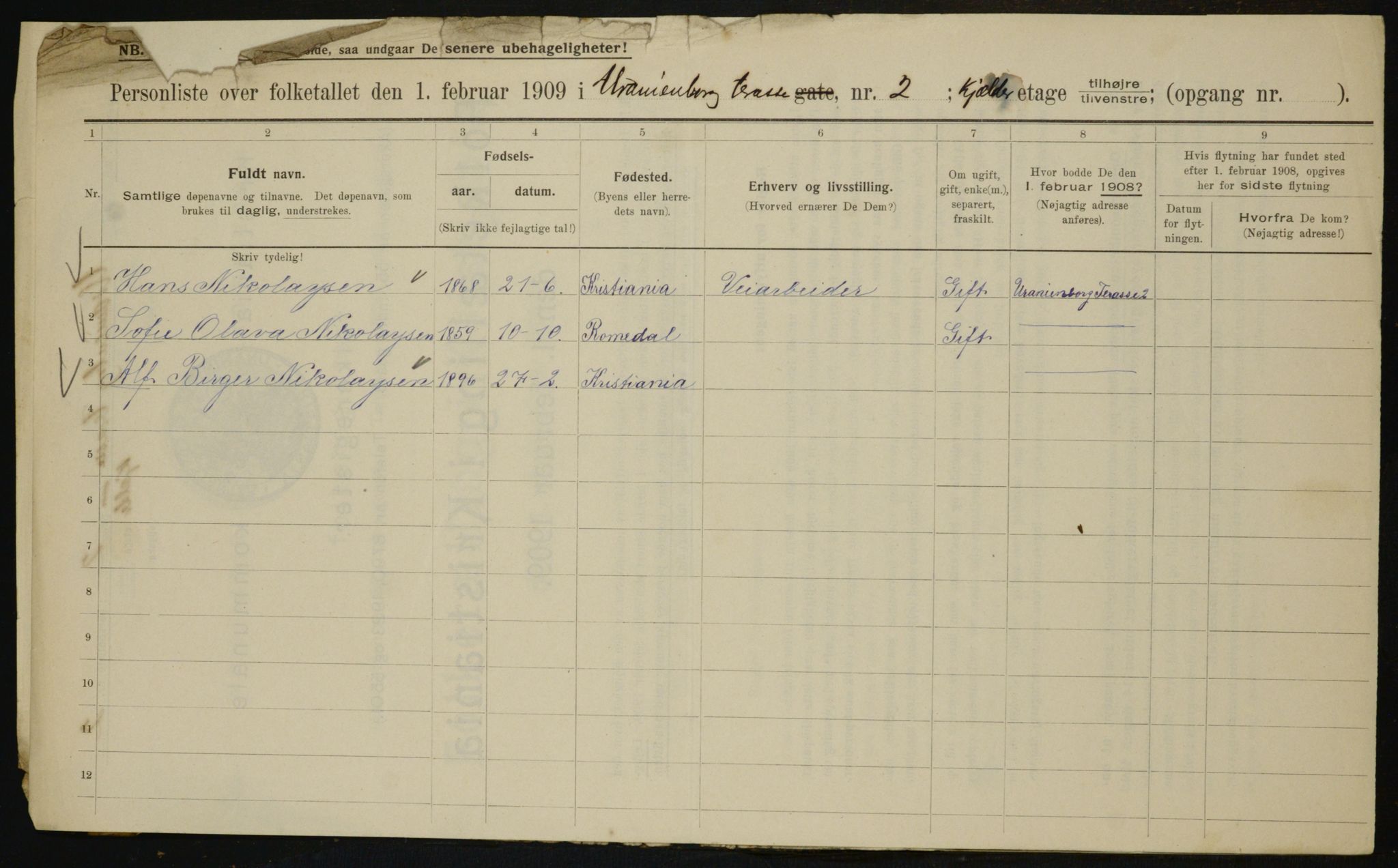 OBA, Municipal Census 1909 for Kristiania, 1909, p. 109033