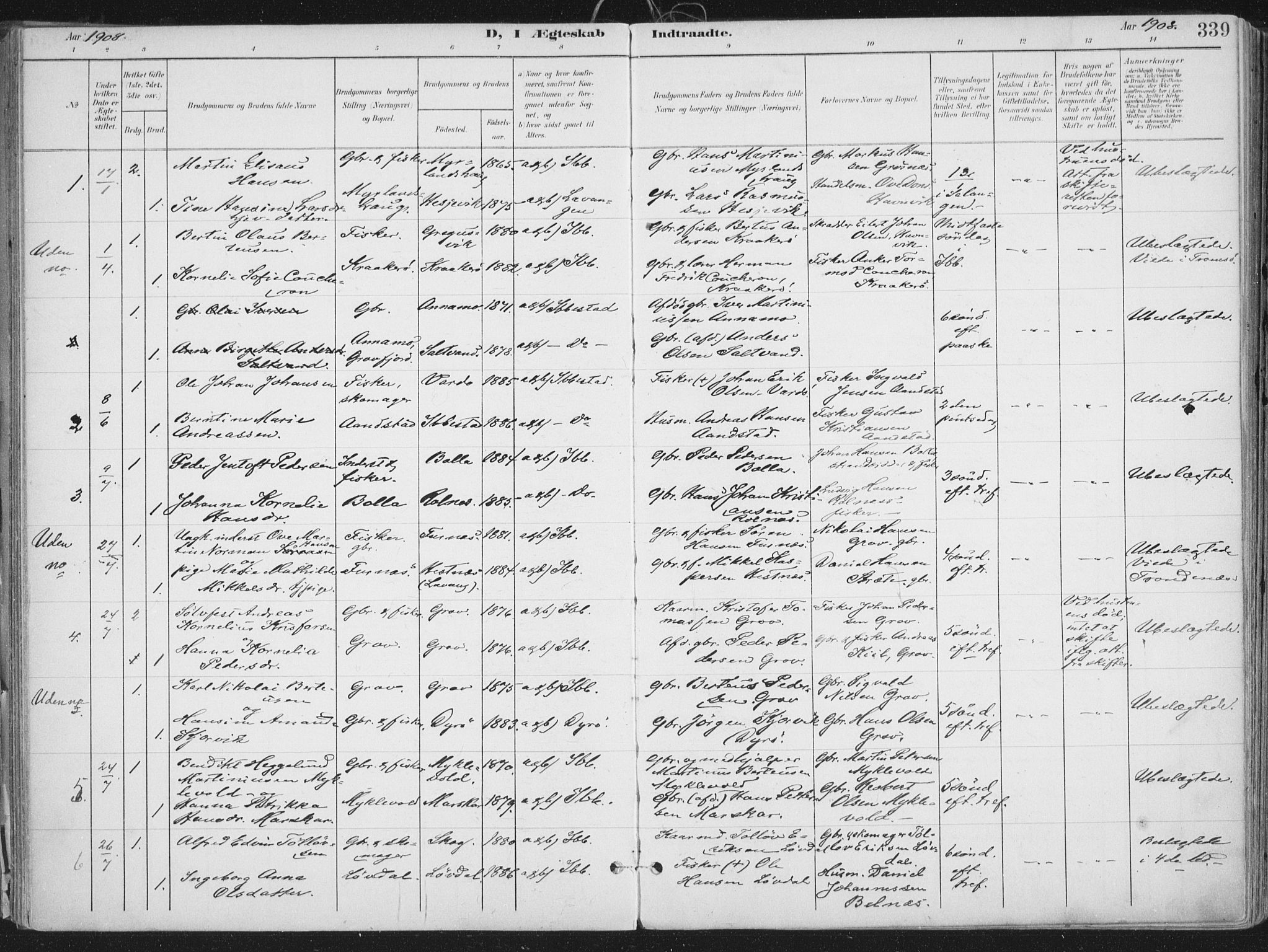 Ibestad sokneprestembete, SATØ/S-0077/H/Ha/Haa/L0017kirke: Parish register (official) no. 17, 1901-1914, p. 339