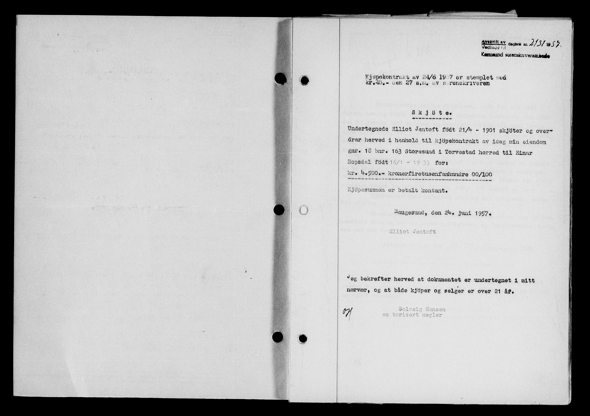 Karmsund sorenskriveri, SAST/A-100311/01/II/IIB/L0125: Mortgage book no. 105A, 1957-1957, Diary no: : 2131/1957