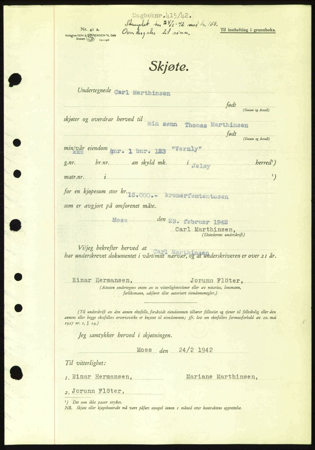 Moss sorenskriveri, SAO/A-10168: Mortgage book no. A9, 1941-1942, Diary no: : 415/1942