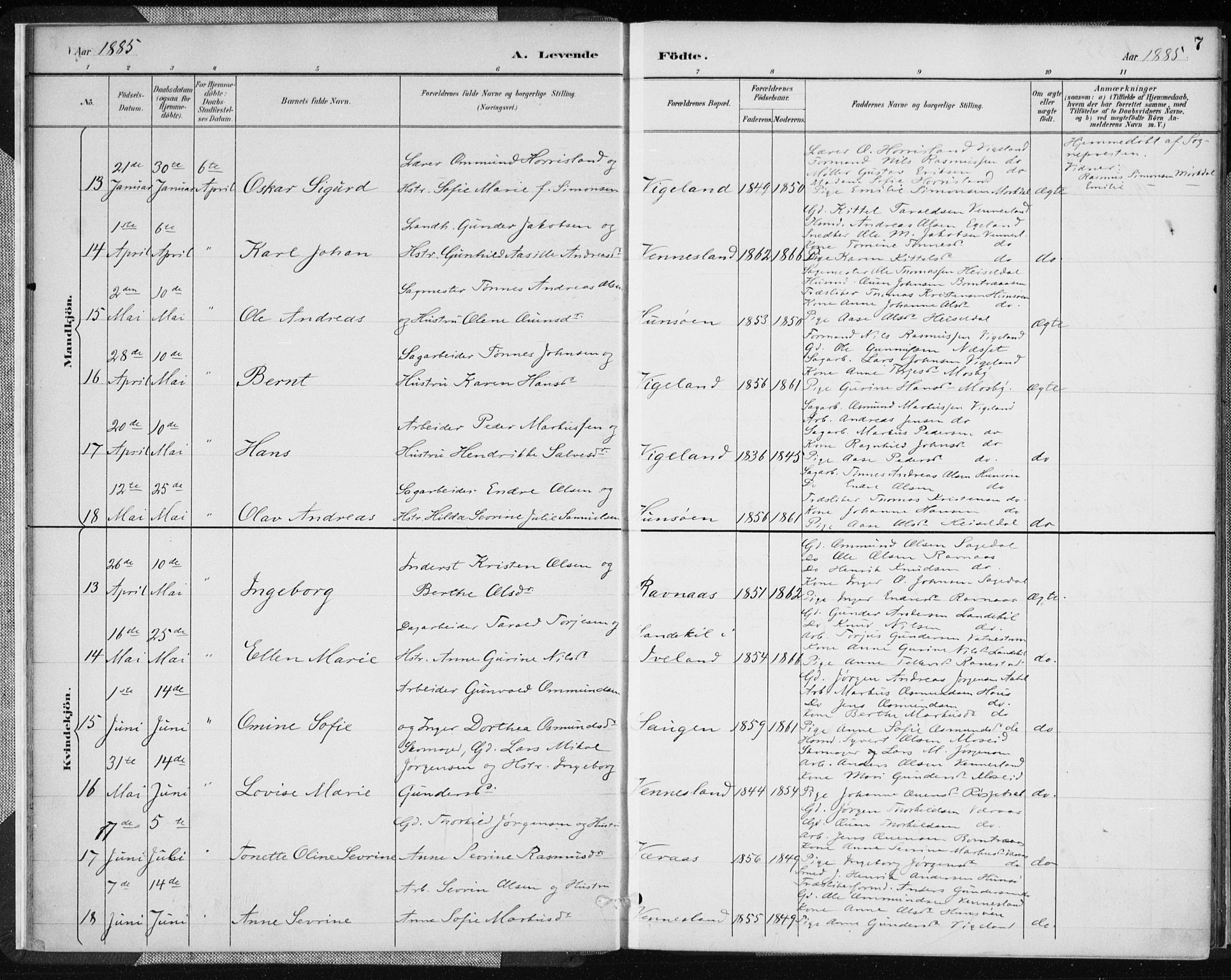 Vennesla sokneprestkontor, AV/SAK-1111-0045/Fa/Fab/L0004: Parish register (official) no. A 4, 1884-1896, p. 7