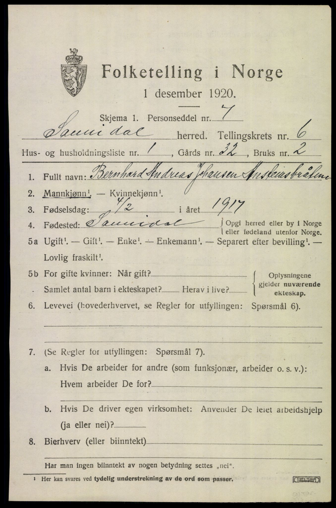 SAKO, 1920 census for Sannidal, 1920, p. 4687