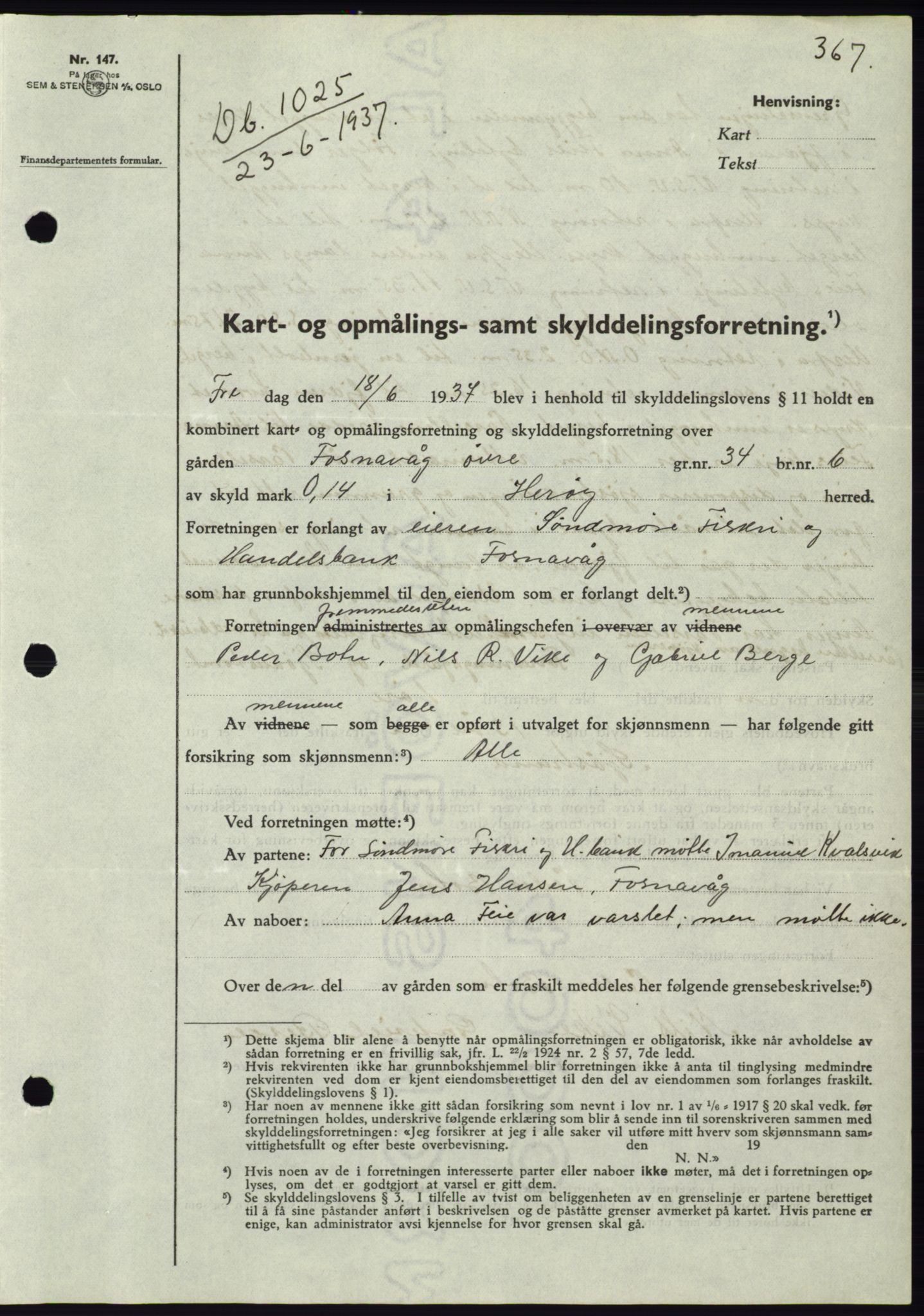 Søre Sunnmøre sorenskriveri, AV/SAT-A-4122/1/2/2C/L0063: Mortgage book no. 57, 1937-1937, Diary no: : 1025/1937