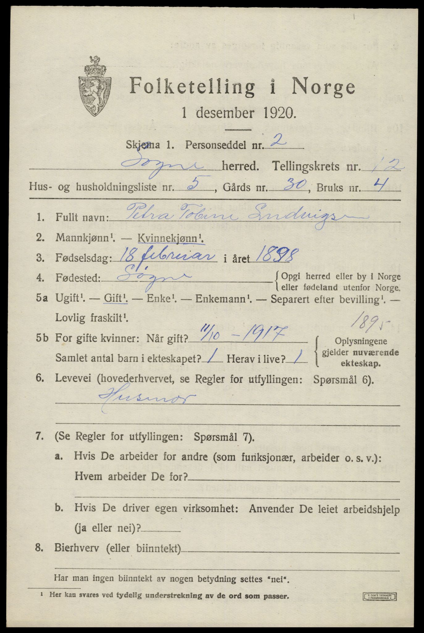 SAK, 1920 census for Søgne, 1920, p. 5987