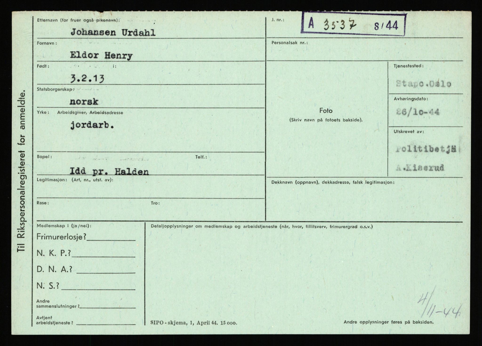 Statspolitiet - Hovedkontoret / Osloavdelingen, AV/RA-S-1329/C/Ca/L0016: Uberg - Øystese, 1943-1945, p. 298