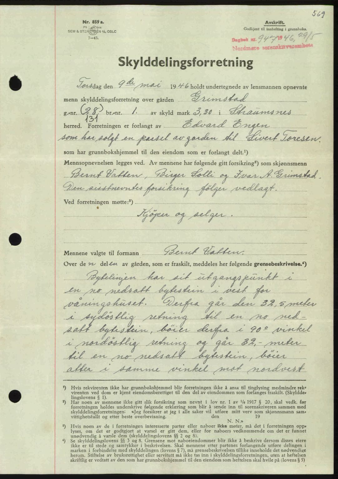 Nordmøre sorenskriveri, AV/SAT-A-4132/1/2/2Ca: Mortgage book no. A101, 1946-1946, Diary no: : 947/1946