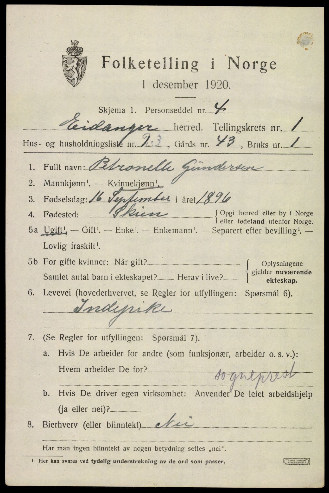 SAKO, 1920 census for Eidanger, 1920, p. 1892
