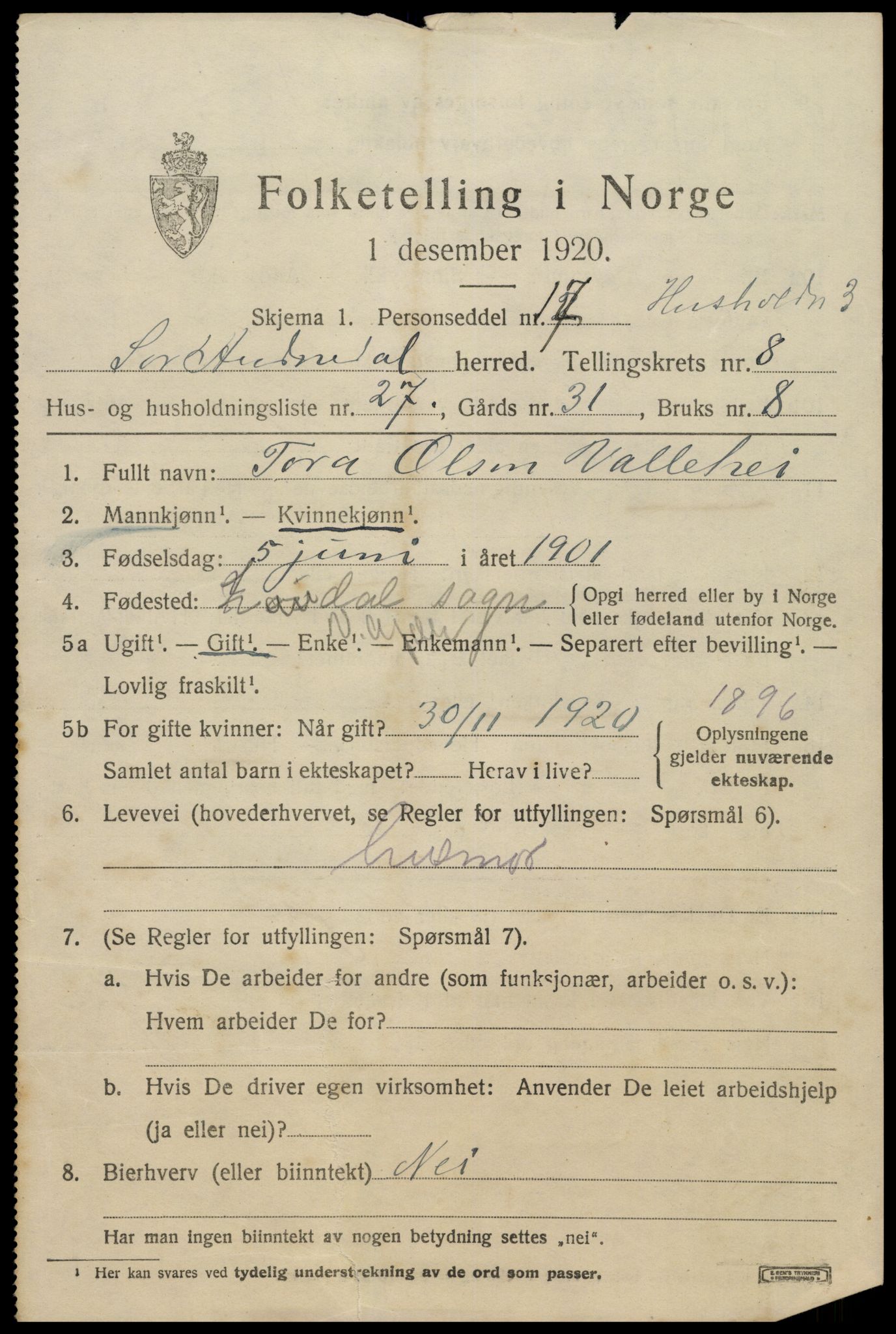 SAK, 1920 census for Sør-Audnedal, 1920, p. 3467