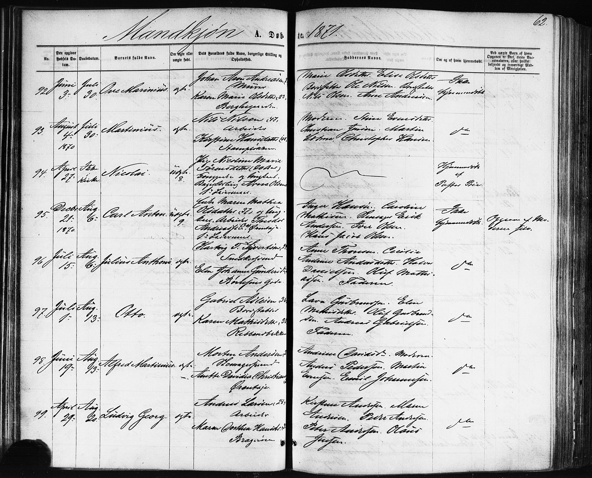 Bragernes kirkebøker, AV/SAKO-A-6/F/Fb/L0004: Parish register (official) no. II 4, 1869-1875, p. 62