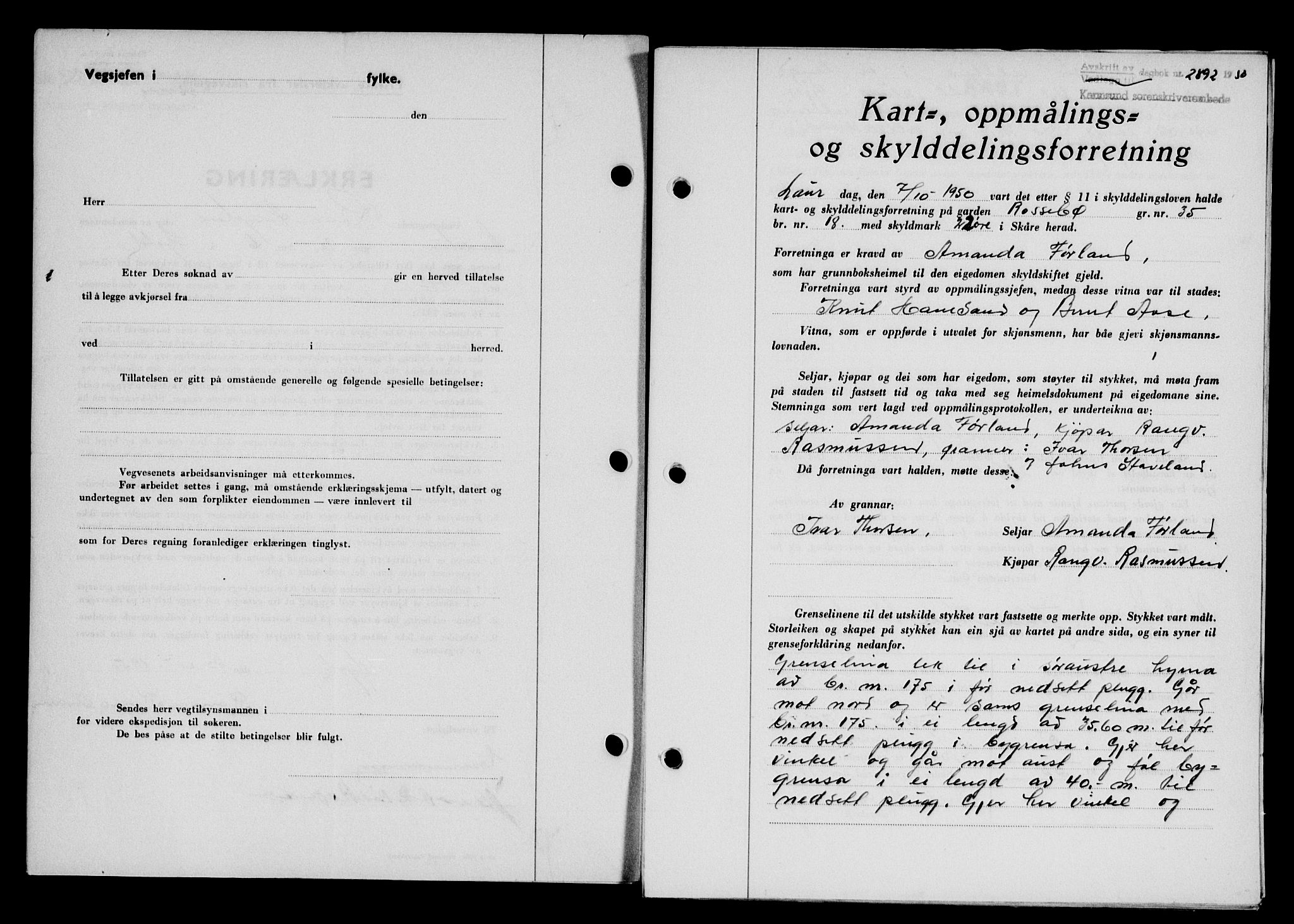 Karmsund sorenskriveri, SAST/A-100311/01/II/IIB/L0101: Mortgage book no. 81A, 1950-1951, Diary no: : 2892/1950