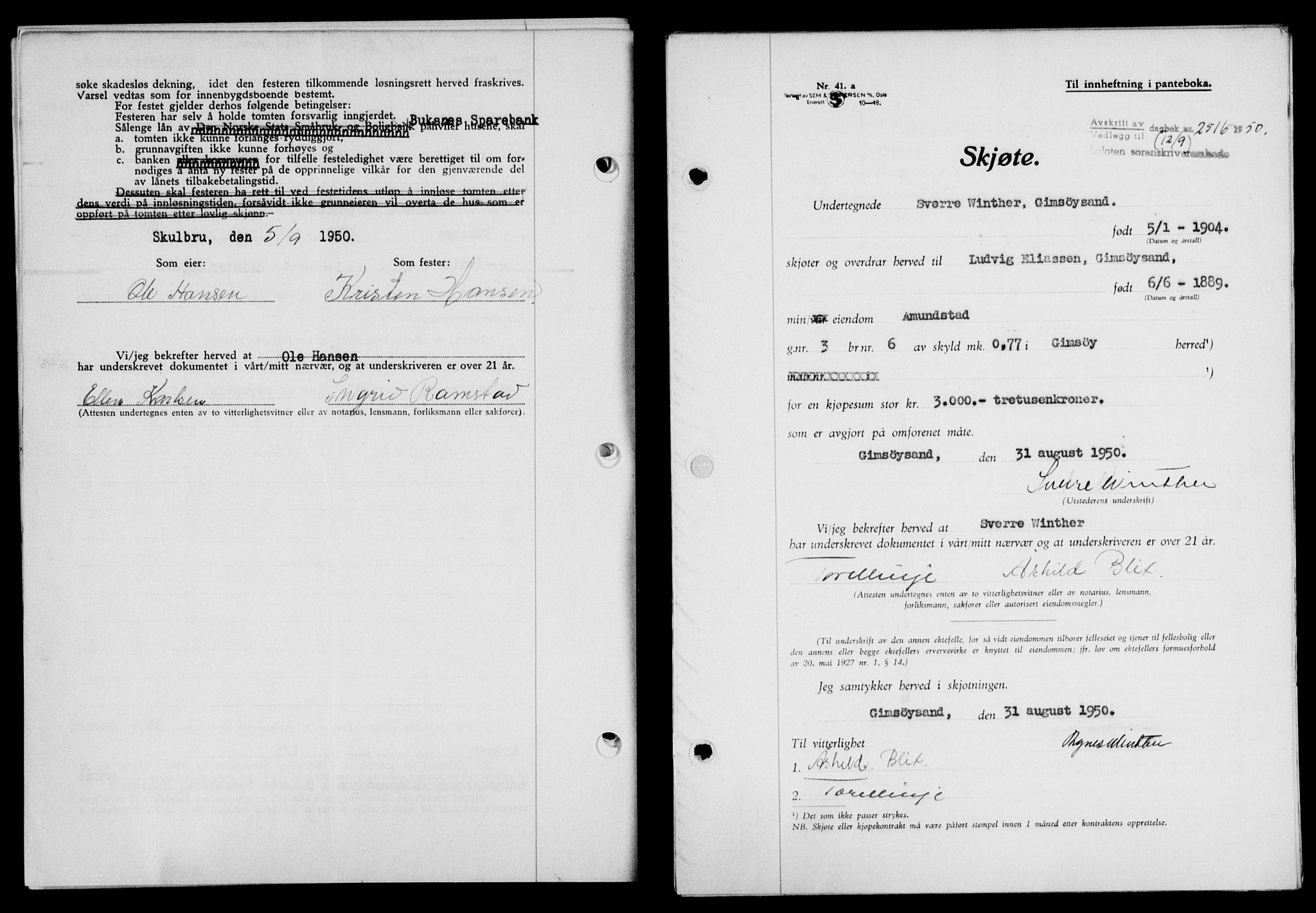 Lofoten sorenskriveri, SAT/A-0017/1/2/2C/L0024a: Mortgage book no. 24a, 1950-1950, Diary no: : 2516/1950