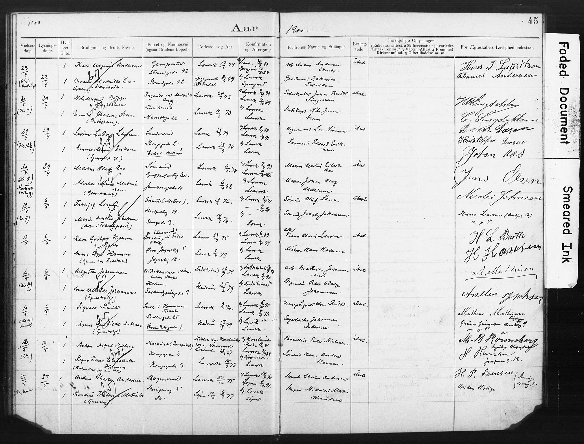 Larvik kirkebøker, AV/SAKO-A-352/H/Ha/L0002: Banns register no. 2, 1892-1907, p. 45