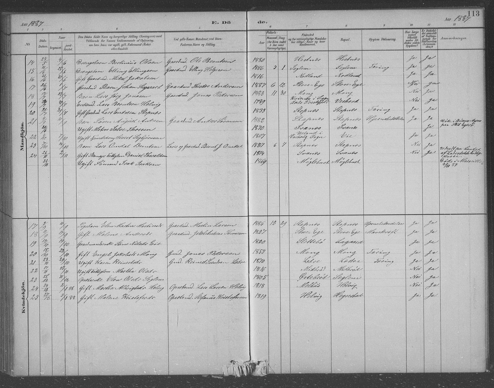 Eigersund sokneprestkontor, AV/SAST-A-101807/S09/L0007: Parish register (copy) no. B 7, 1882-1892, p. 113