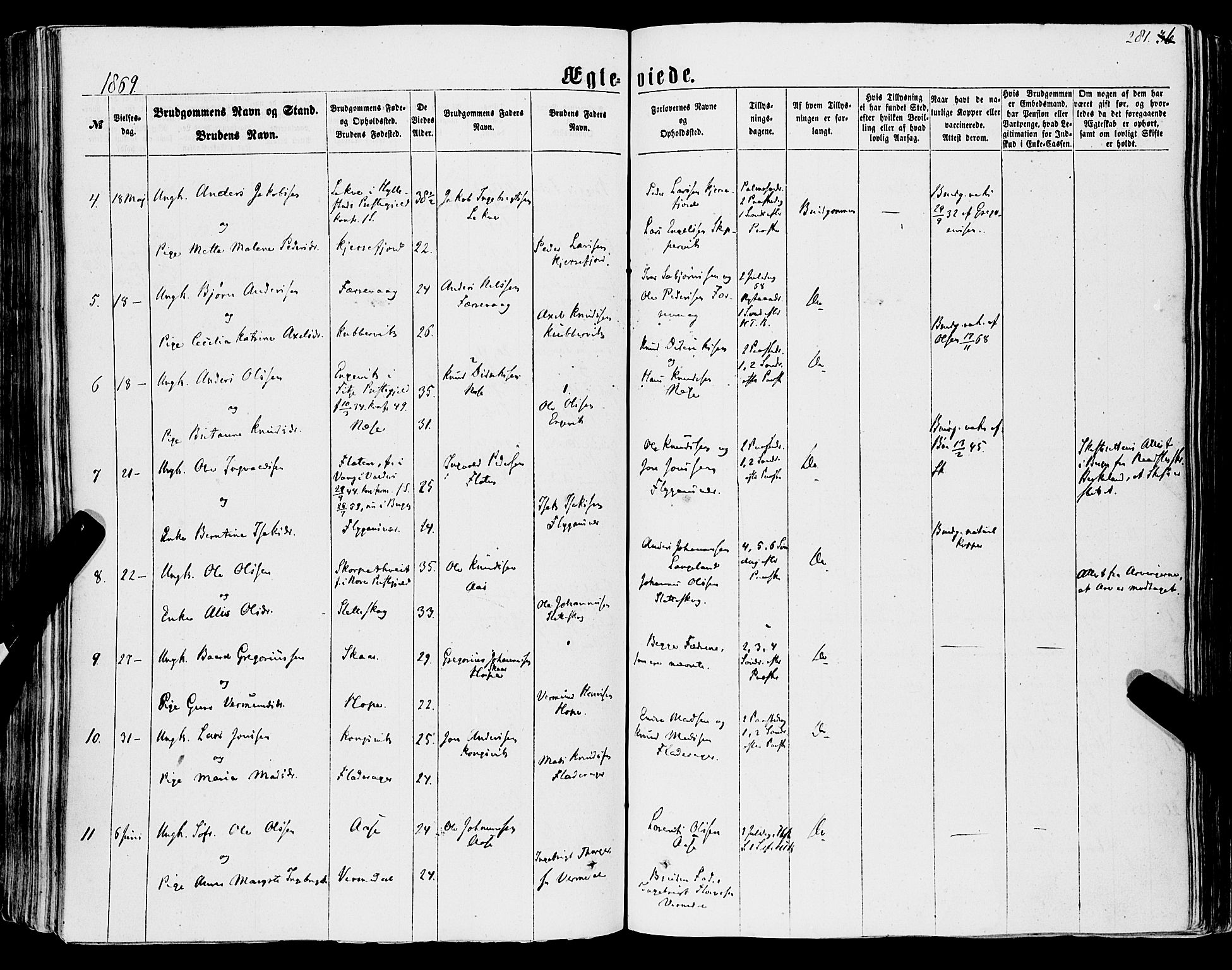 Tysnes sokneprestembete, SAB/A-78601/H/Haa: Parish register (official) no. A 11, 1860-1871, p. 281