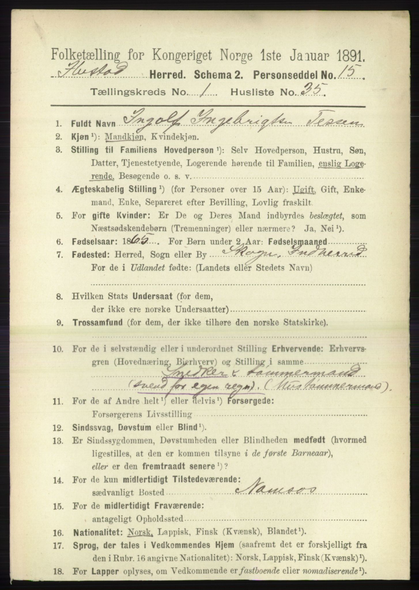 RA, 1891 census for 1917 Ibestad, 1891, p. 394