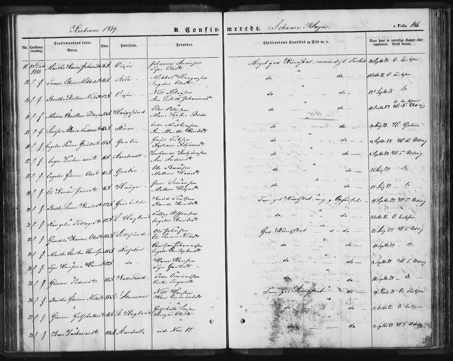 Torvastad sokneprestkontor, SAST/A -101857/H/Ha/Haa/L0006: Parish register (official) no. A 6, 1836-1847, p. 136