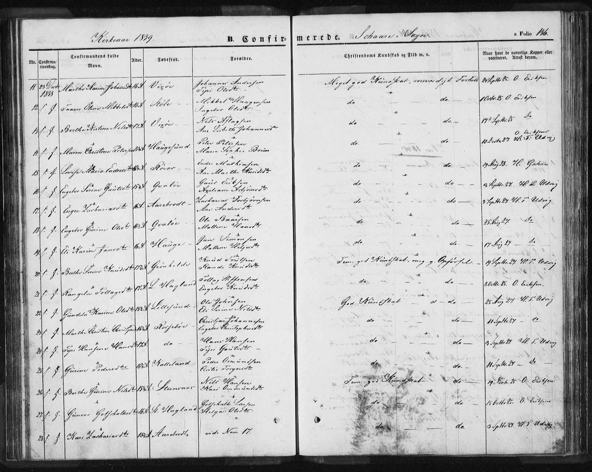 Torvastad sokneprestkontor, AV/SAST-A -101857/H/Ha/Haa/L0006: Parish register (official) no. A 6, 1836-1847, p. 136