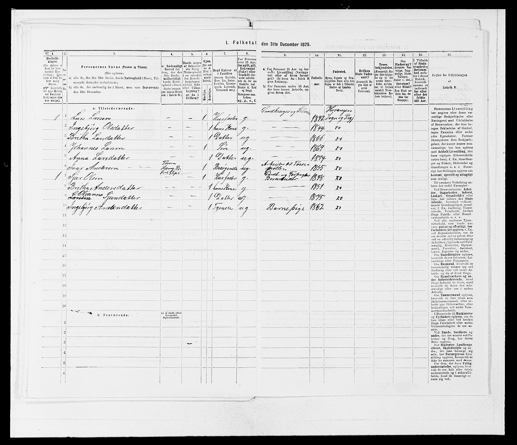 SAB, 1875 census for 1253P Hosanger, 1875, p. 416