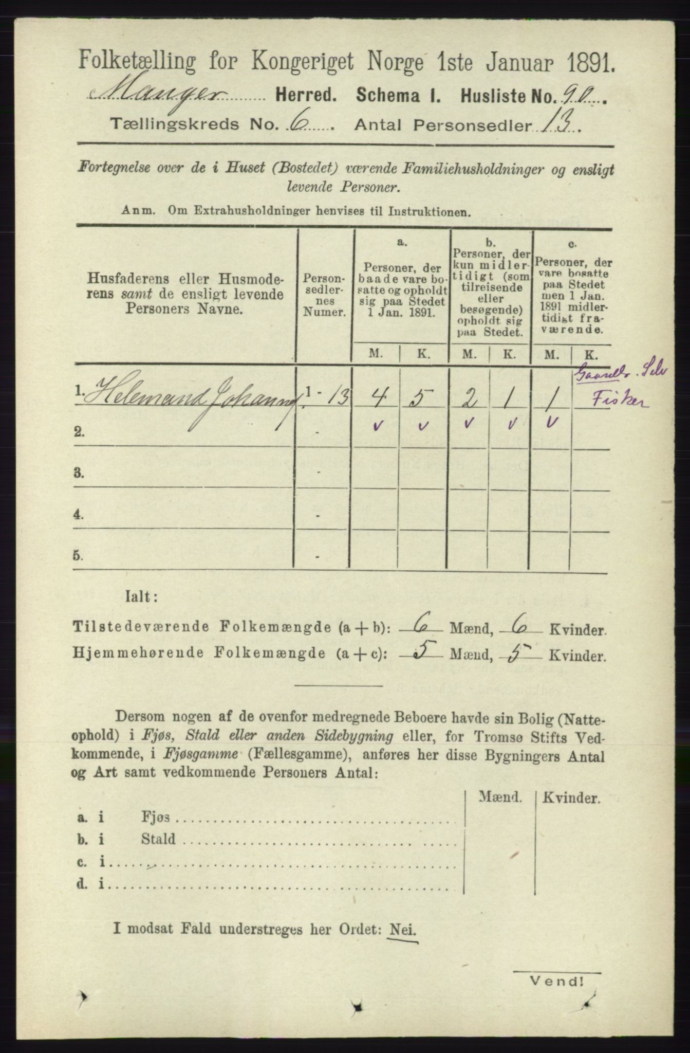 RA, 1891 census for 1261 Manger, 1891, p. 3399