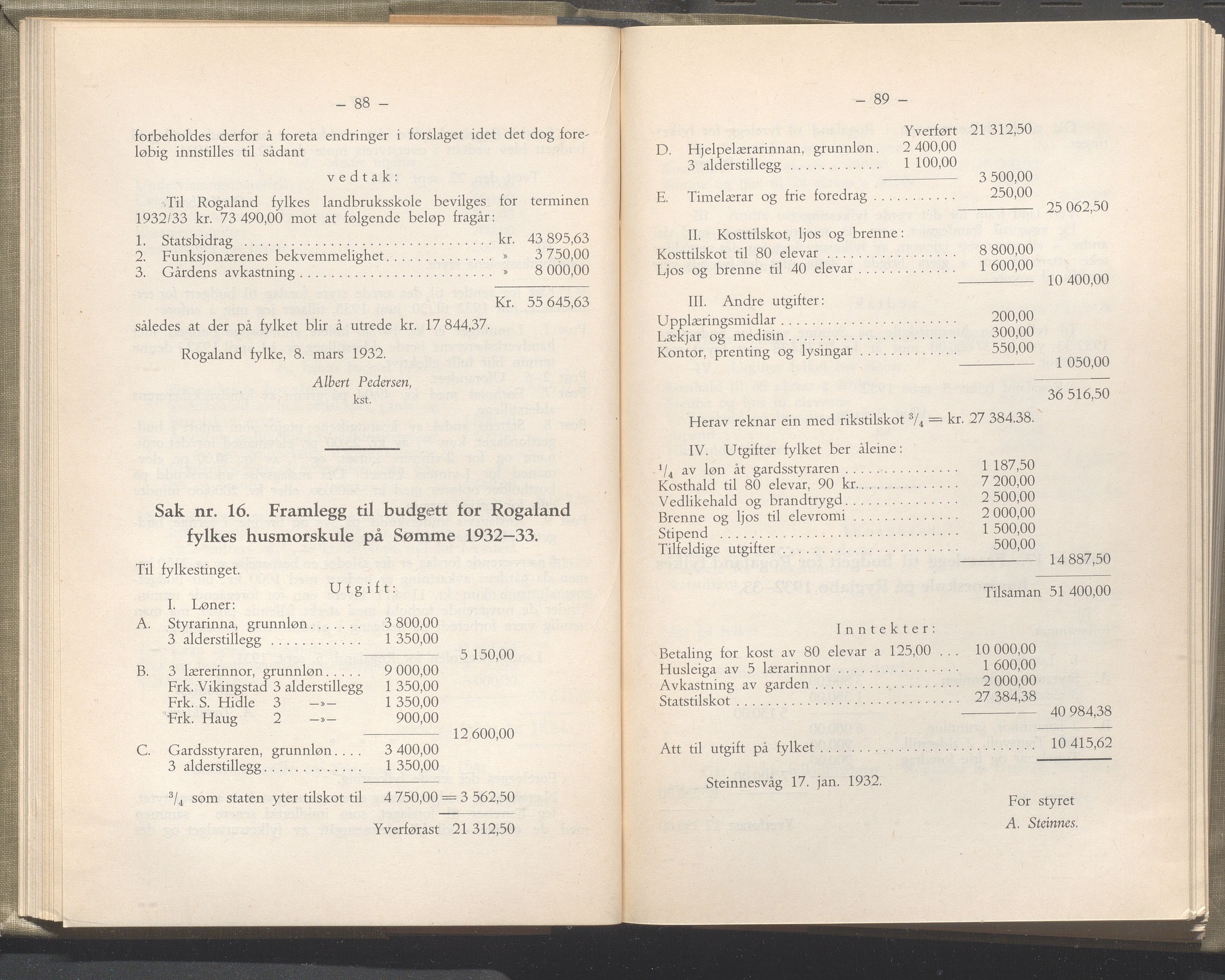 Rogaland fylkeskommune - Fylkesrådmannen , IKAR/A-900/A/Aa/Aaa/L0051: Møtebok , 1932, p. 88-89