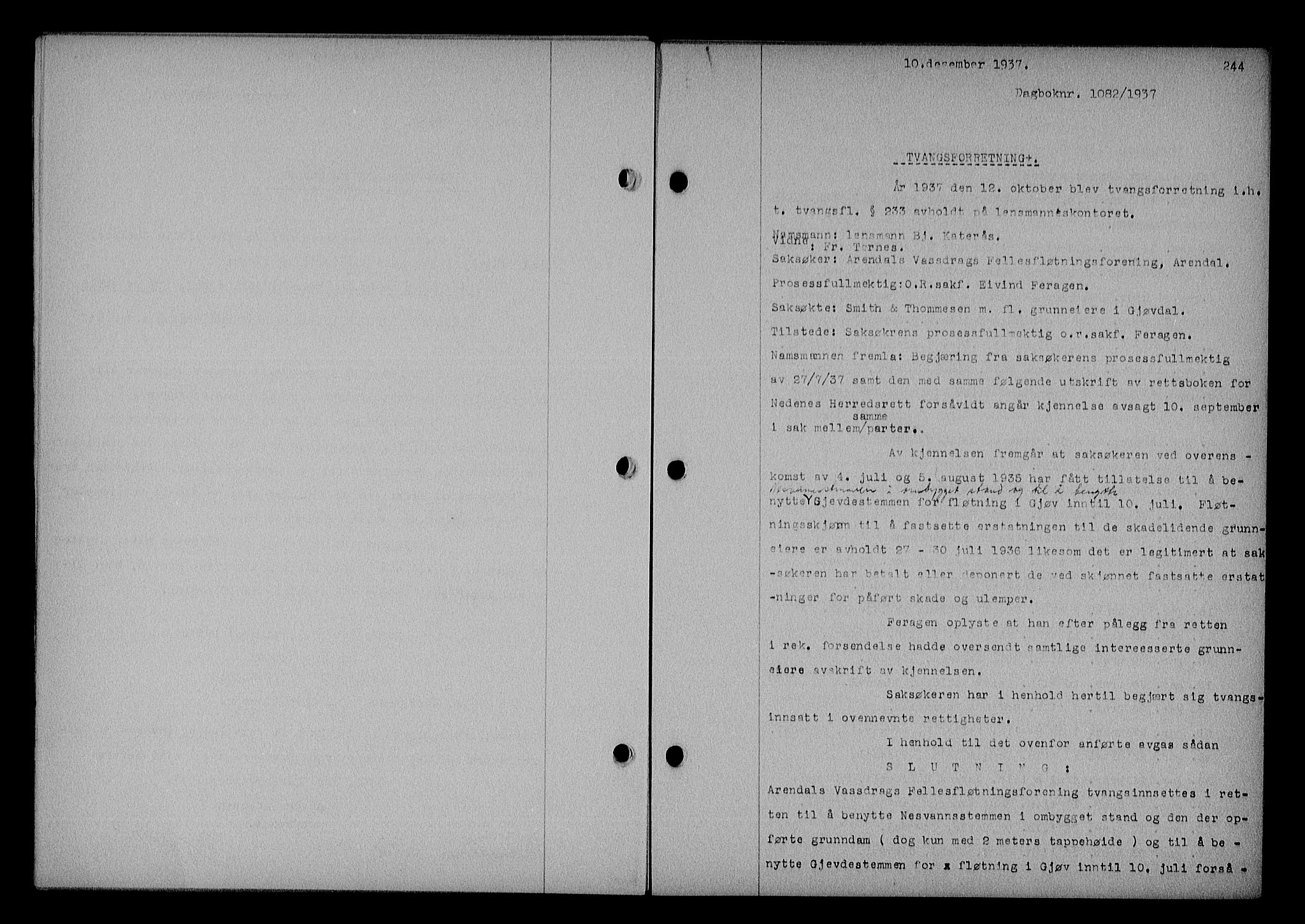 Nedenes sorenskriveri, AV/SAK-1221-0006/G/Gb/Gba/L0044: Mortgage book no. 40, 1937-1938, Diary no: : 1082/1937
