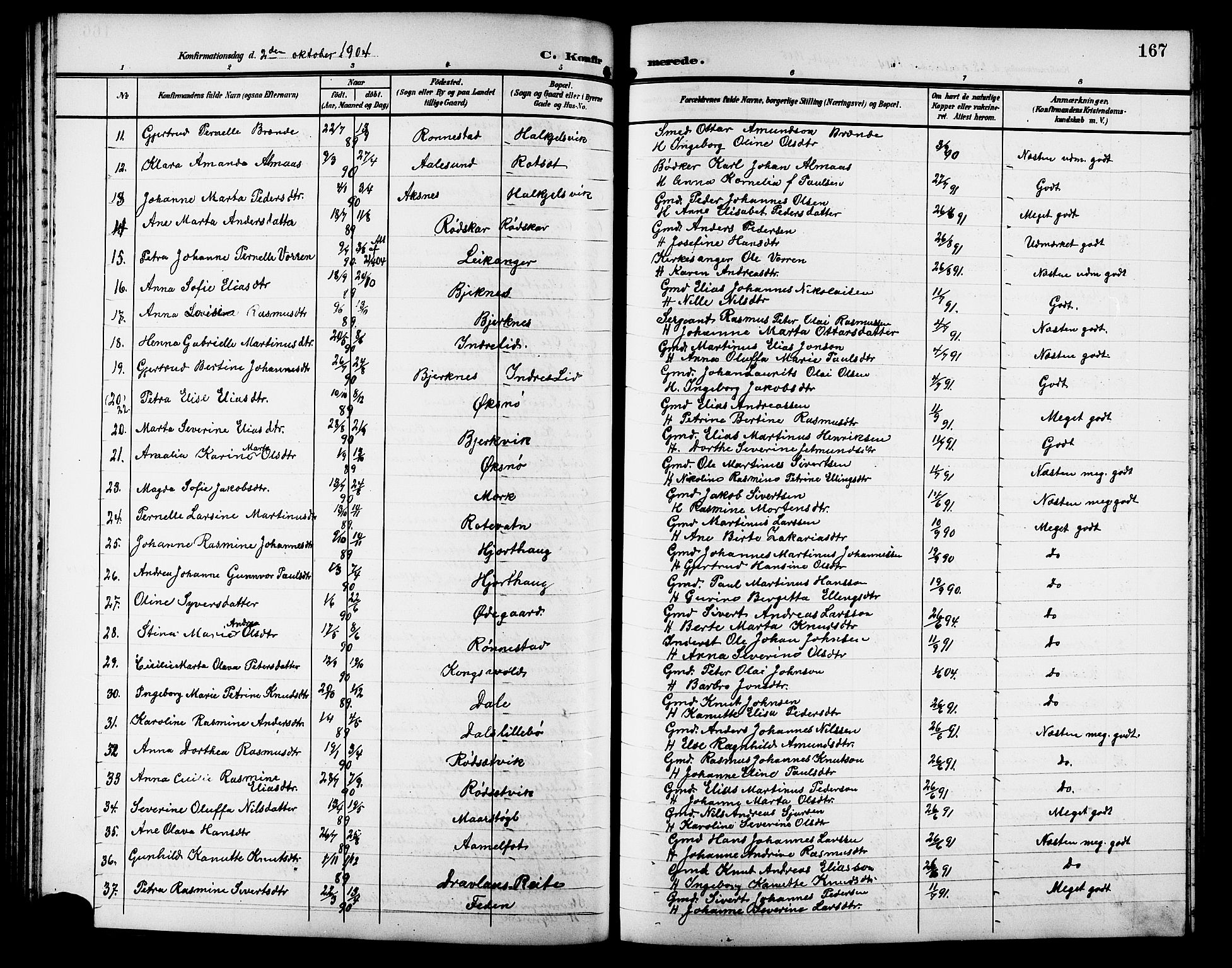 Ministerialprotokoller, klokkerbøker og fødselsregistre - Møre og Romsdal, SAT/A-1454/511/L0159: Parish register (copy) no. 511C05, 1902-1920, p. 167