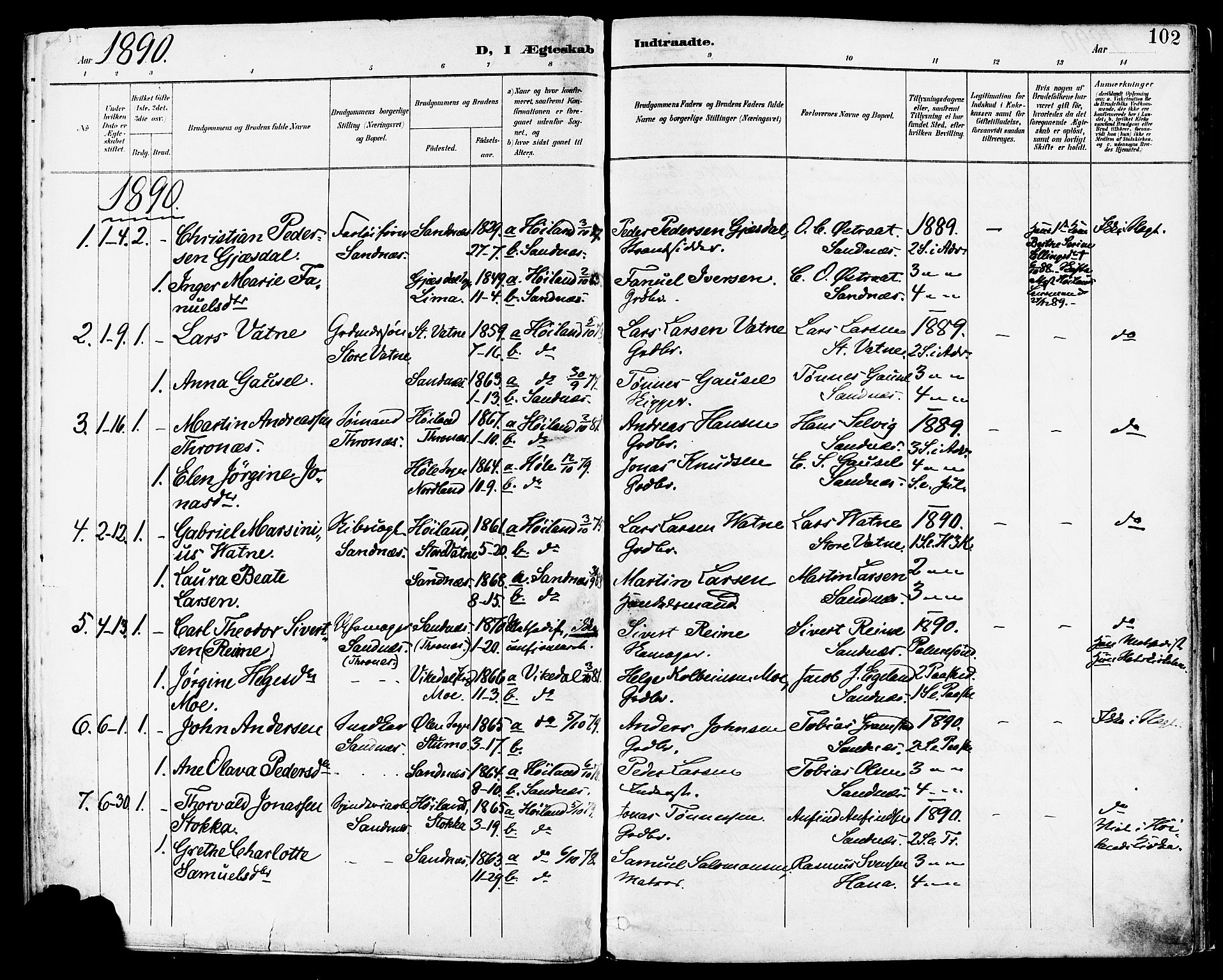Høyland sokneprestkontor, SAST/A-101799/001/30BA/L0014: Parish register (official) no. A 12, 1890-1898, p. 102
