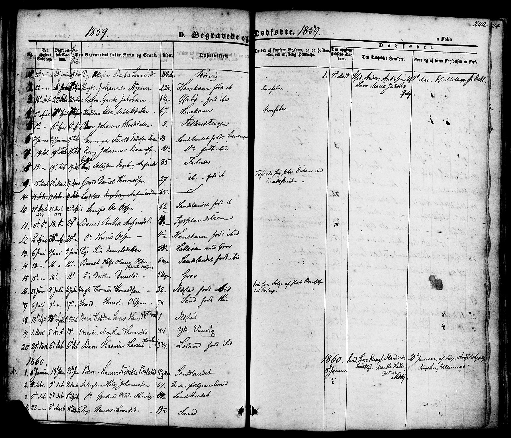 Sand sokneprestkontor, AV/SAST-A-101848/01/III/L0003: Parish register (official) no. A 3, 1854-1879, p. 222