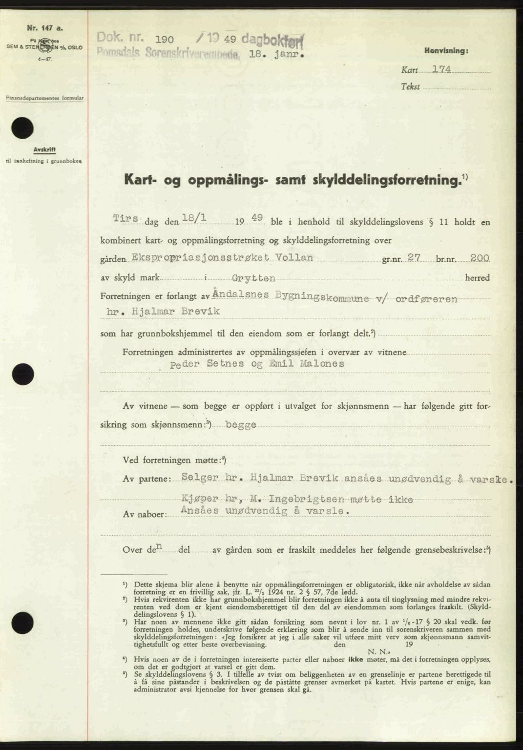 Romsdal sorenskriveri, AV/SAT-A-4149/1/2/2C: Mortgage book no. A28, 1948-1949, Diary no: : 190/1949