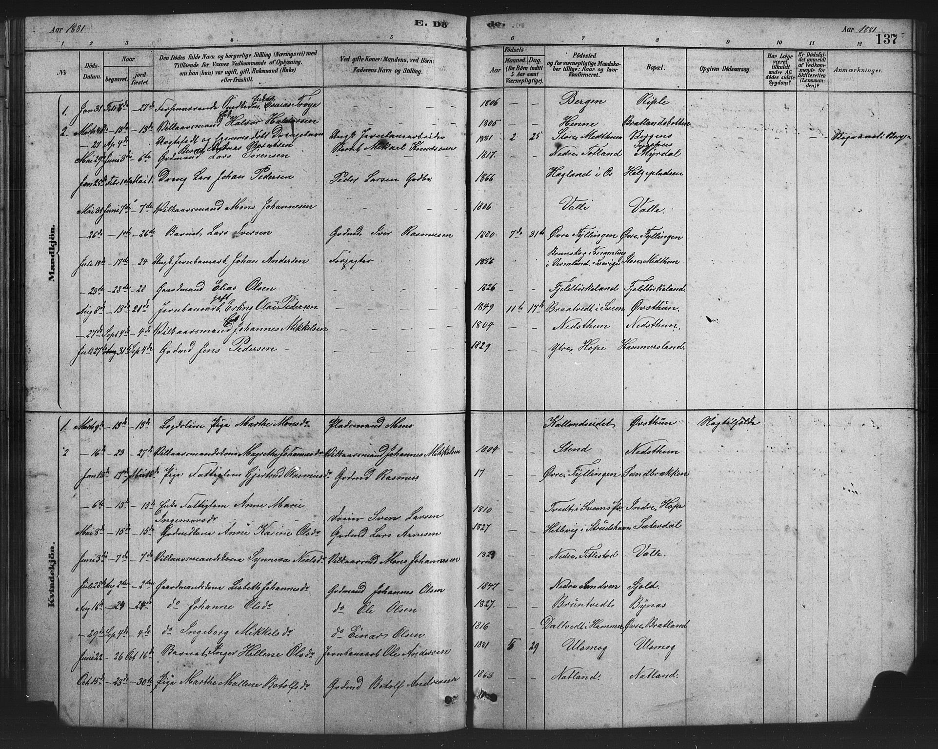 Birkeland Sokneprestembete, SAB/A-74601/H/Hab: Parish register (copy) no. A 3, 1877-1887, p. 137