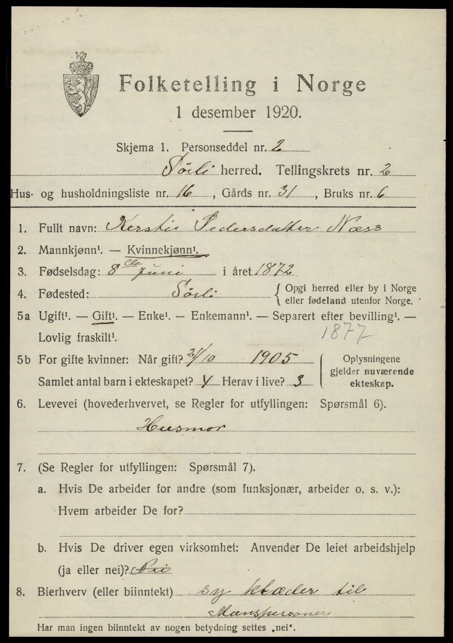 SAT, 1920 census for Sørli, 1920, p. 1047