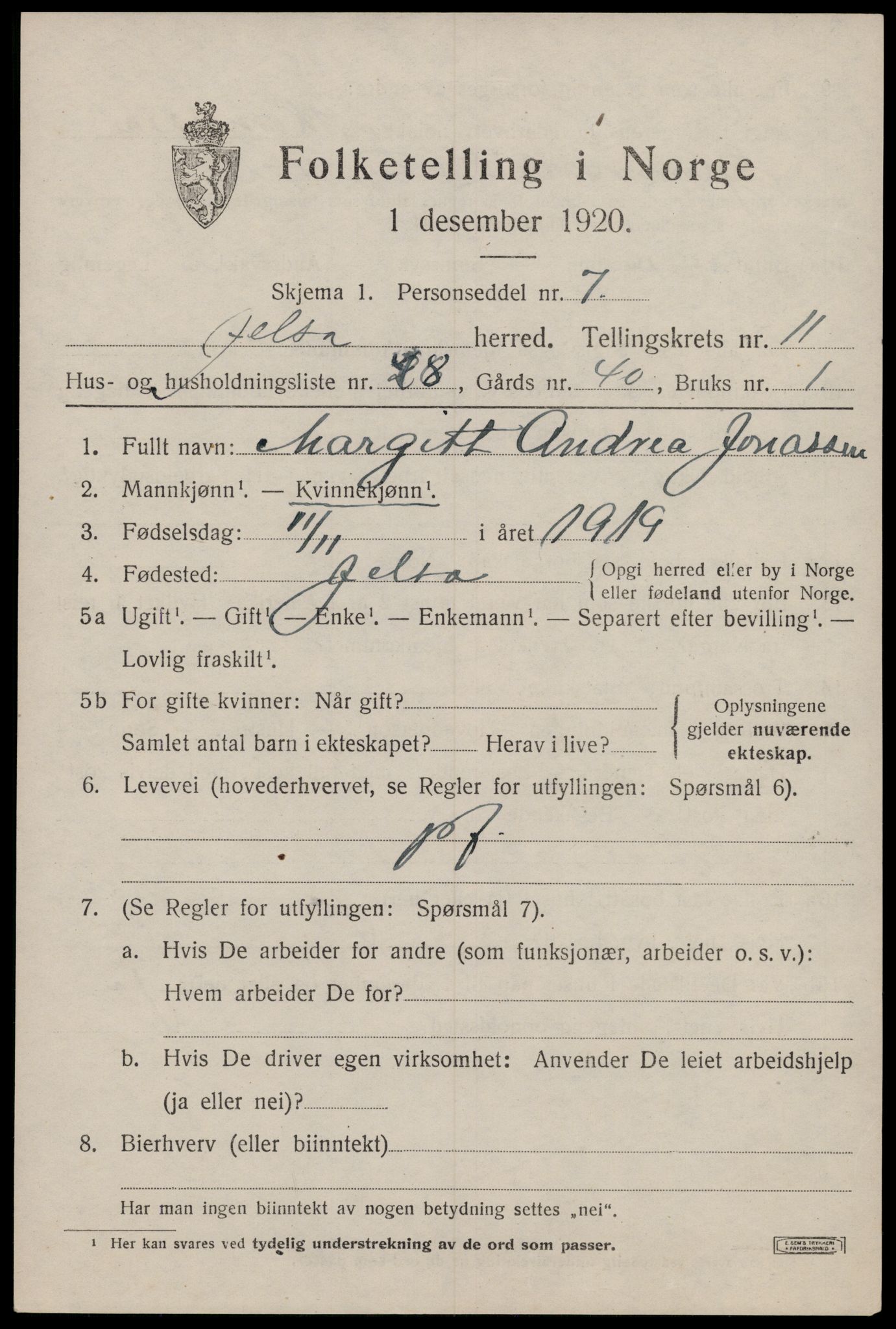 SAST, 1920 census for Jelsa, 1920, p. 3302