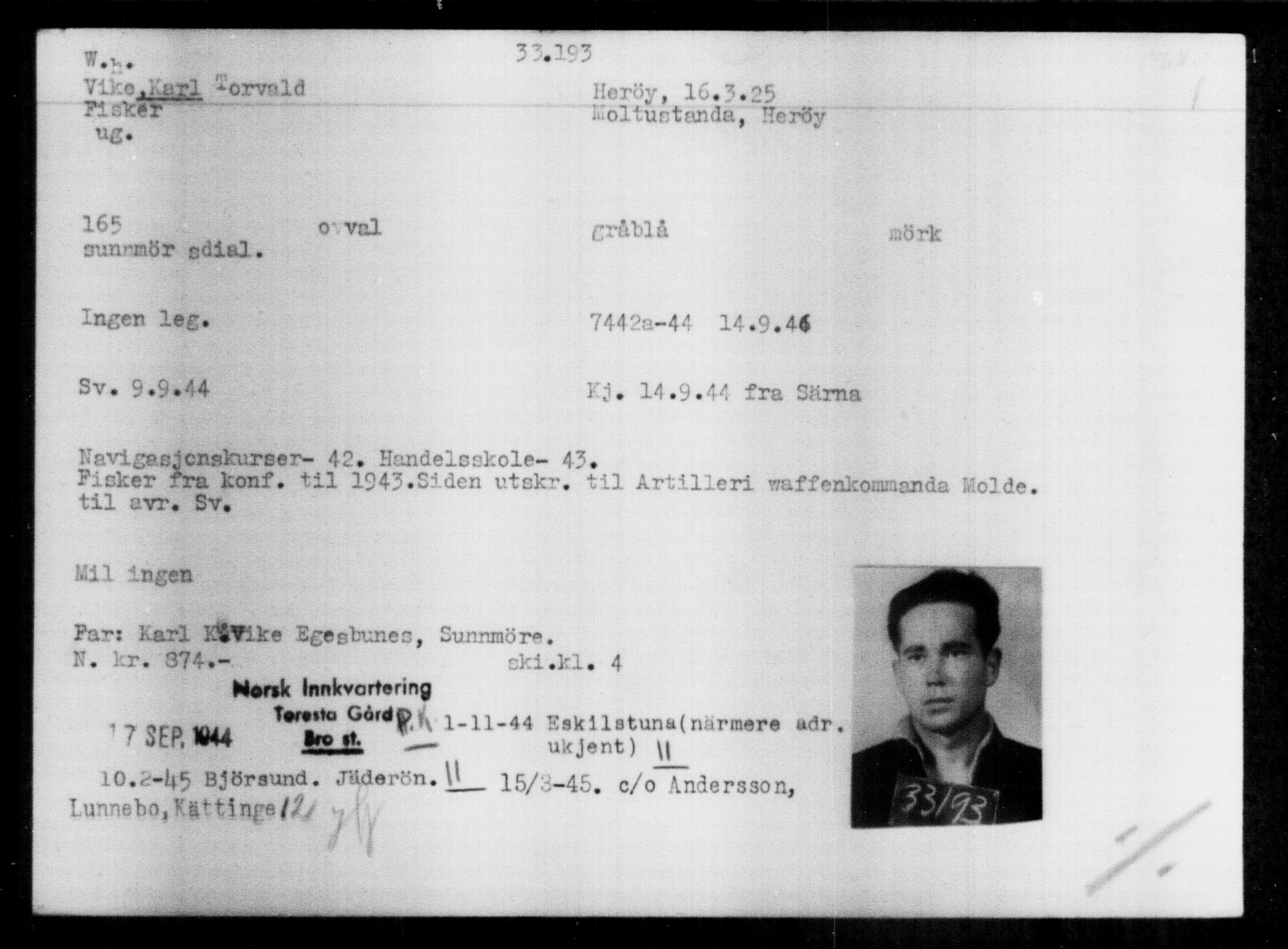 Utenriksstasjonene, Legasjonen i Stockholm, Flyktningkontoret, AV/RA-S-6753/V/Va/L0013: Kjesäterkartoteket, flyktninger med registreringsnr. 31500-34731, 1940-1945, p. 1779