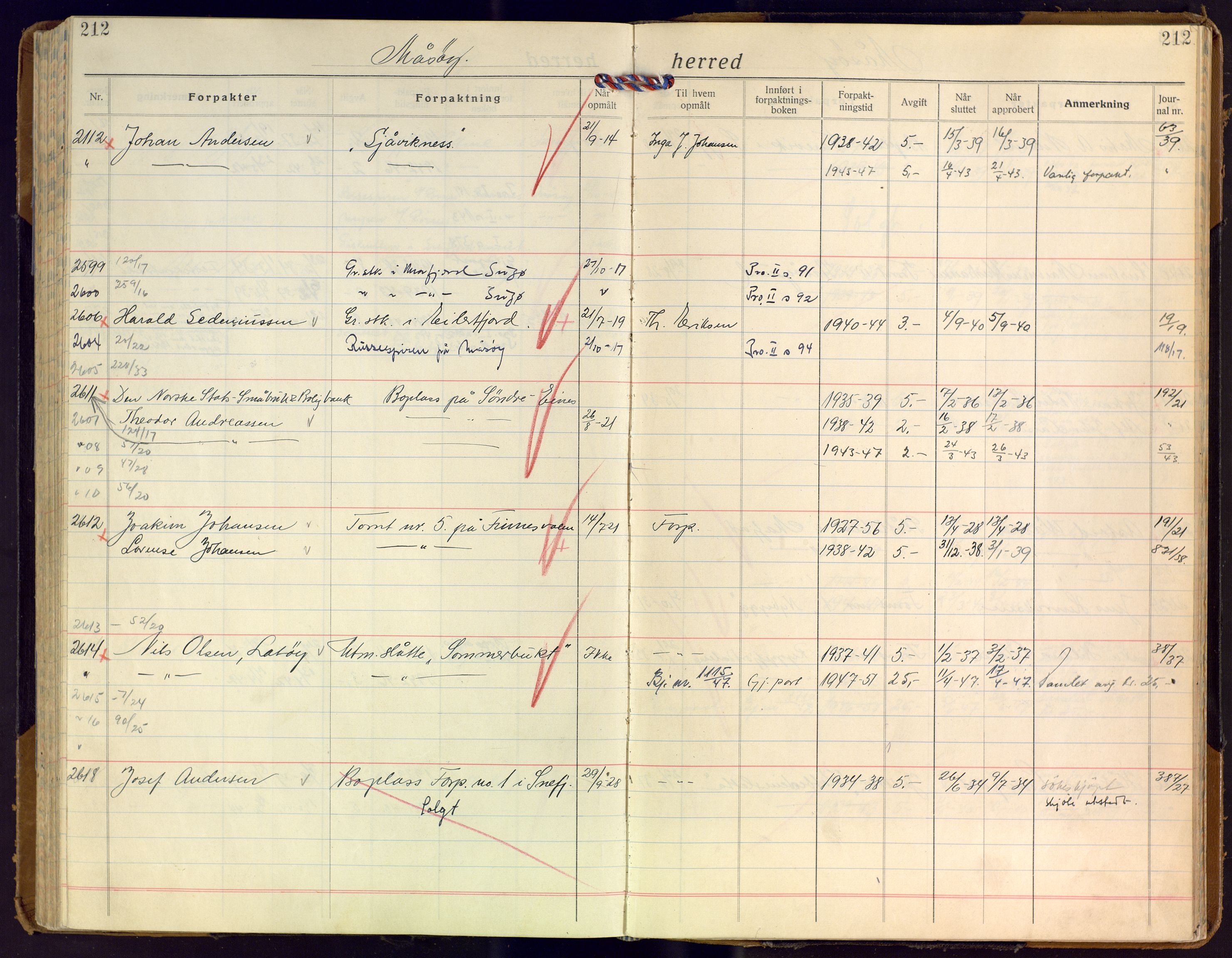 Finnmark jordsalgskommisjon/jordsalgskontor og Statskog SF Finnmark jordsalgskontor, AV/SATØ-S-1443/J/Ja/L0010: Forpaktningsbok for Finnmark I, 1916-1947, p. 212