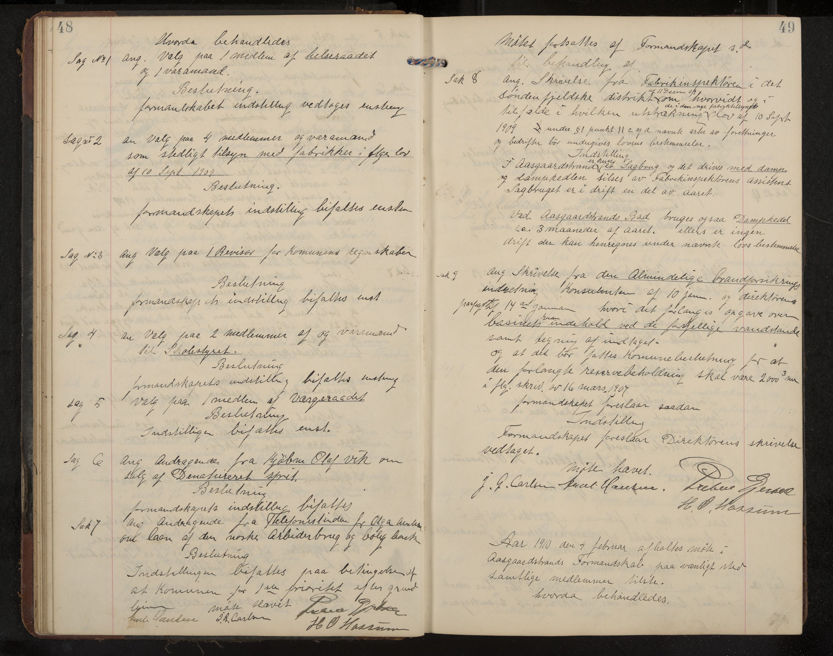 Åsgårdstrand formannskap og sentraladministrasjon, IKAK/0704021/A/L0004: Møtebok med register, 1908-1915, p. 48-49