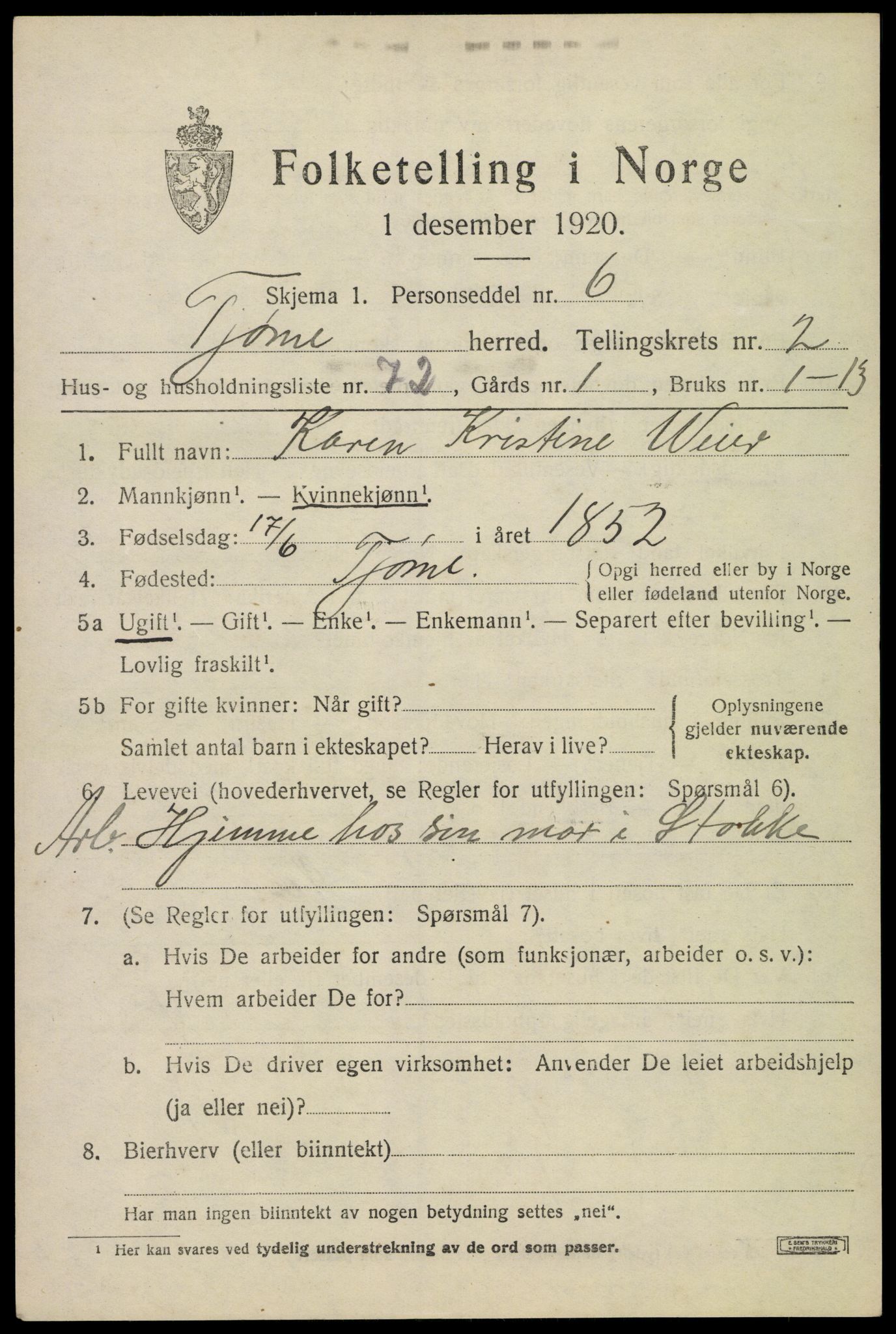 SAKO, 1920 census for Tjøme, 1920, p. 3457