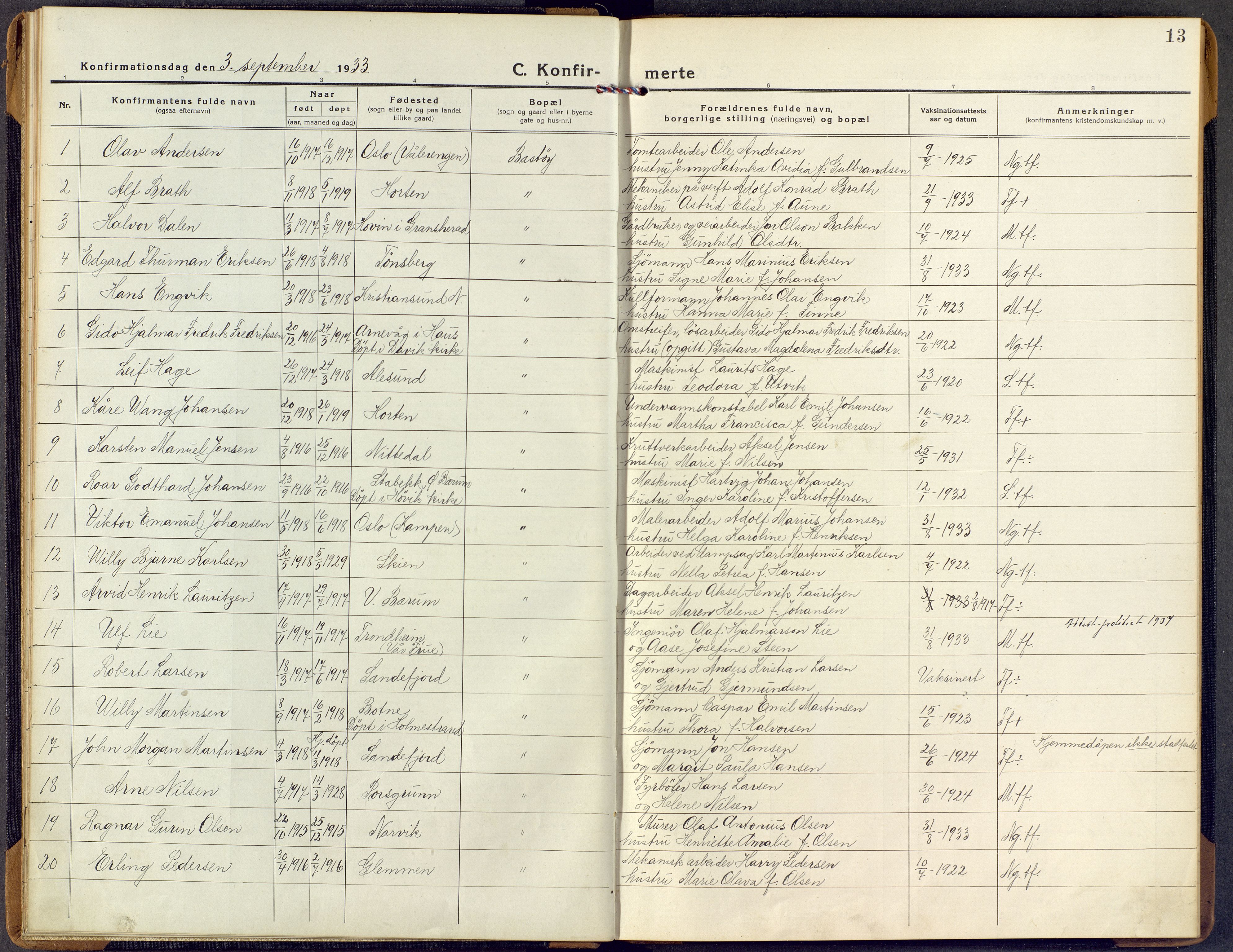 Borre kirkebøker, SAKO/A-338/F/Fd/L0001: Parish register (official) no. IV 1, 1922-1964, p. 13
