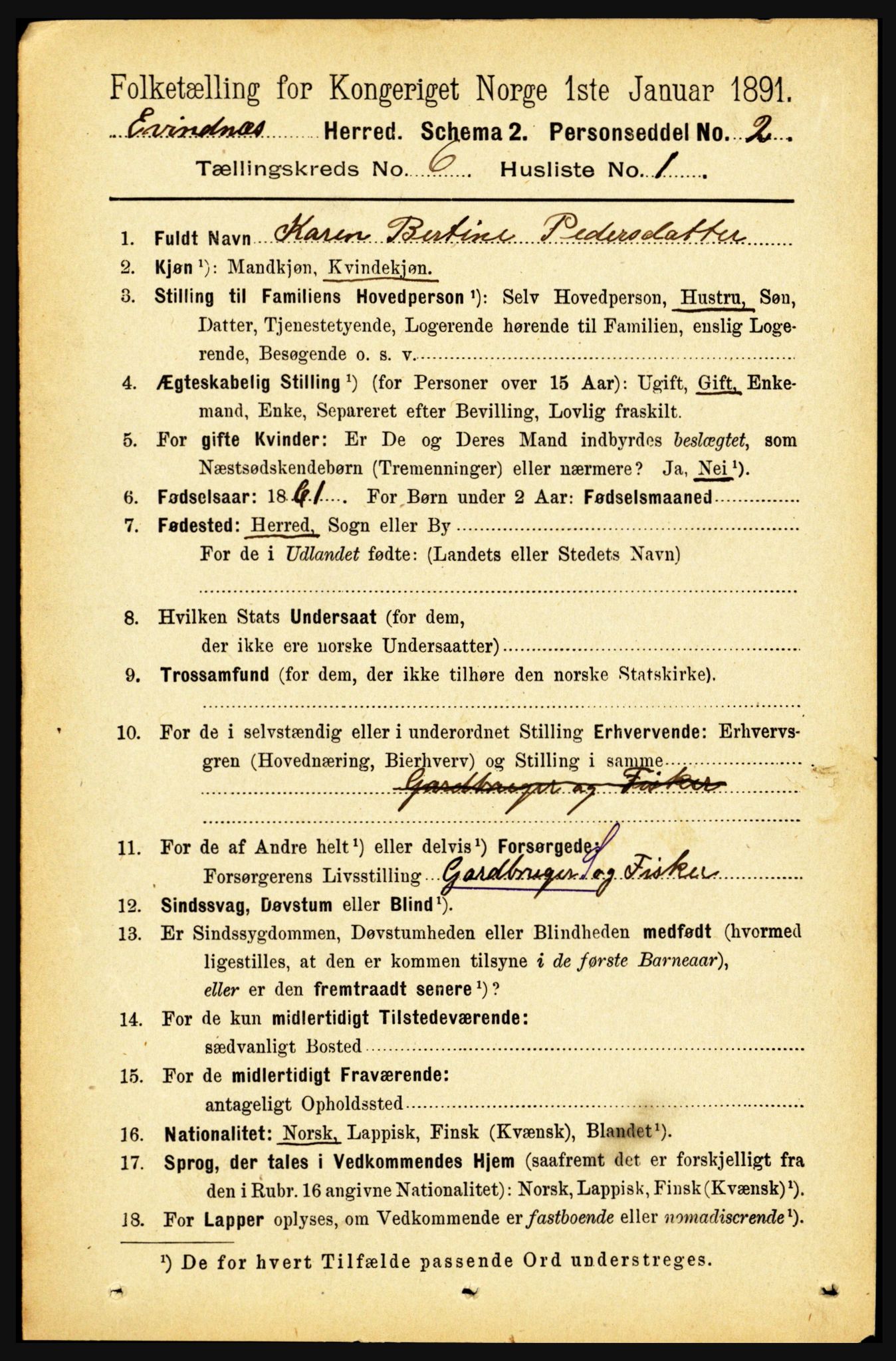 RA, 1891 census for 1853 Evenes, 1891, p. 1922