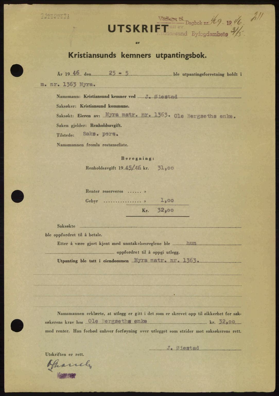 Kristiansund byfogd, AV/SAT-A-4587/A/27: Mortgage book no. 40, 1946-1946, Diary no: : 469/1946