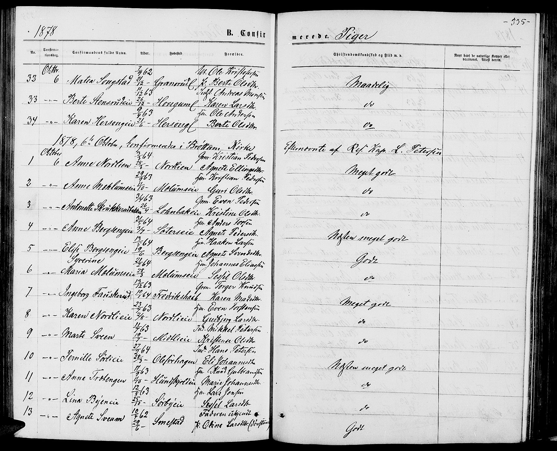 Ringsaker prestekontor, AV/SAH-PREST-014/L/La/L0008: Parish register (copy) no. 8, 1870-1878, p. 335