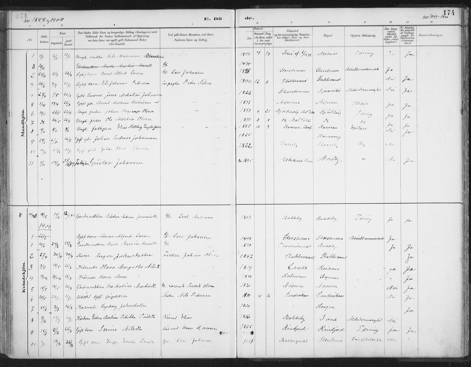 Balsfjord sokneprestembete, SATØ/S-1303/G/Ga/L0007kirke: Parish register (official) no. 7, 1887-1909, p. 174