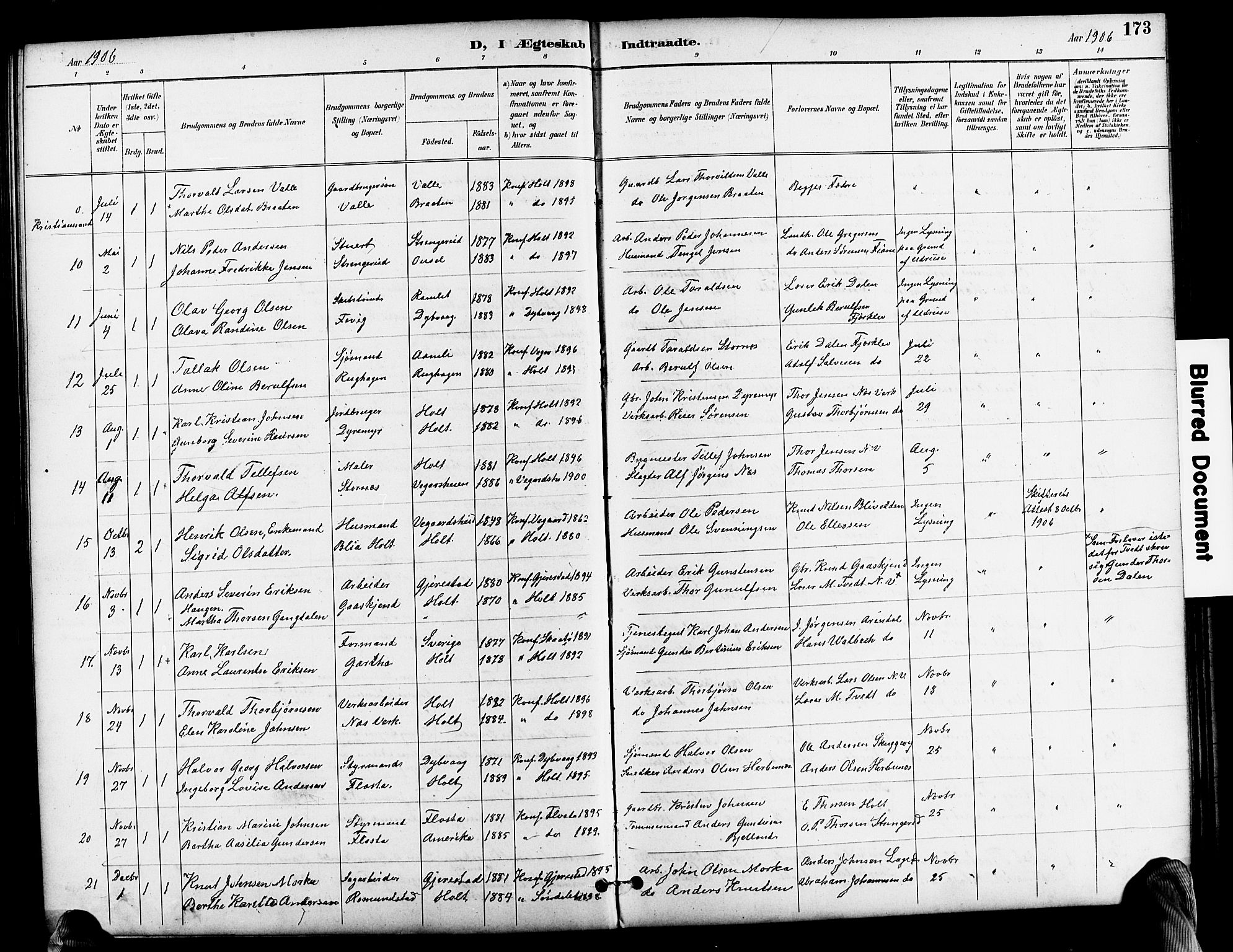 Holt sokneprestkontor, SAK/1111-0021/F/Fb/L0011: Parish register (copy) no. B 11, 1897-1921, p. 173