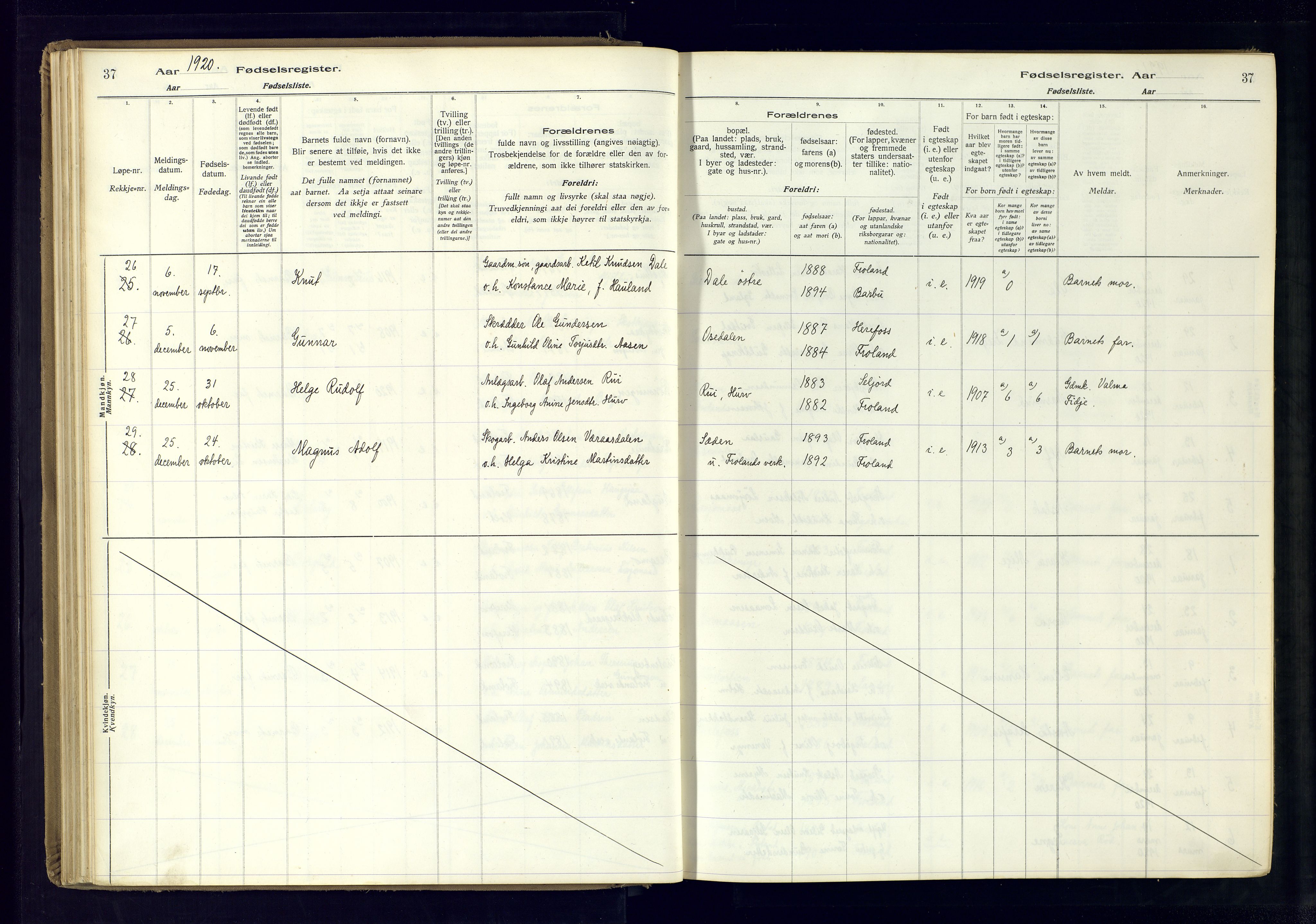 Froland sokneprestkontor, AV/SAK-1111-0013/J/Ja/L0001: Birth register no. 1, 1916-1950, p. 37