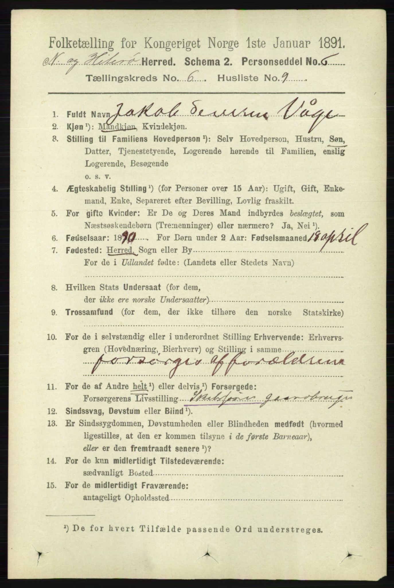 RA, 1891 census for 1043 Hidra og Nes, 1891, p. 2286