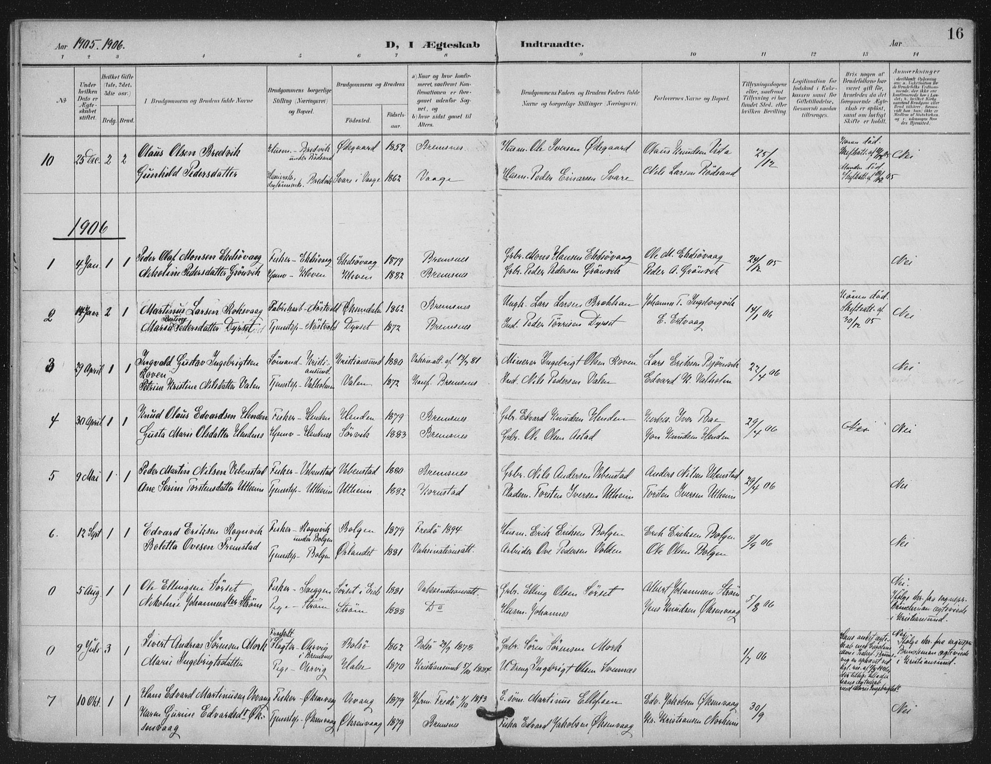 Ministerialprotokoller, klokkerbøker og fødselsregistre - Møre og Romsdal, SAT/A-1454/569/L0821: Parish register (official) no. 569A07, 1897-1907, p. 16